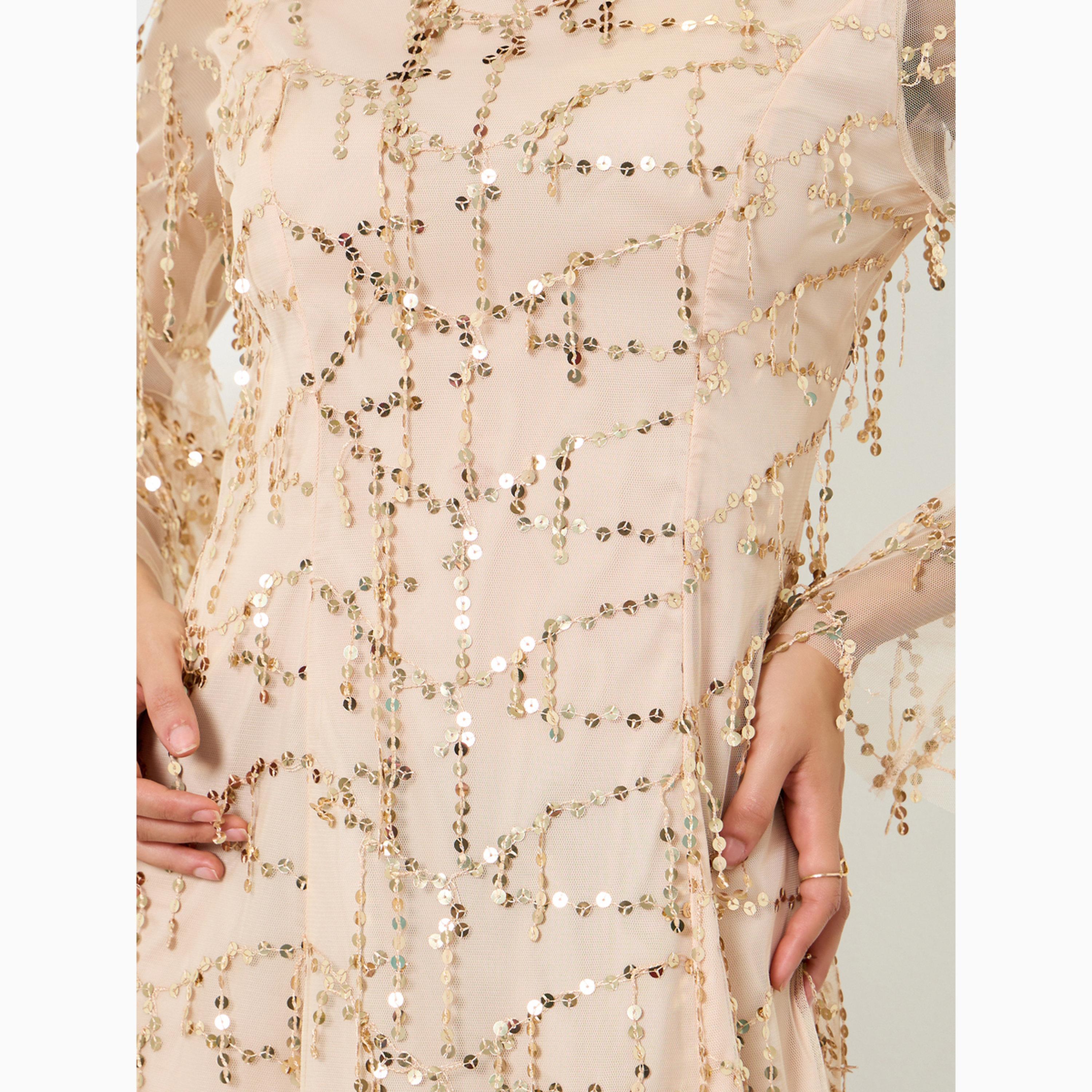 Styli Beige Sequin Maxi Dress with Long Sleeves-women-clothing-dresses-image-4