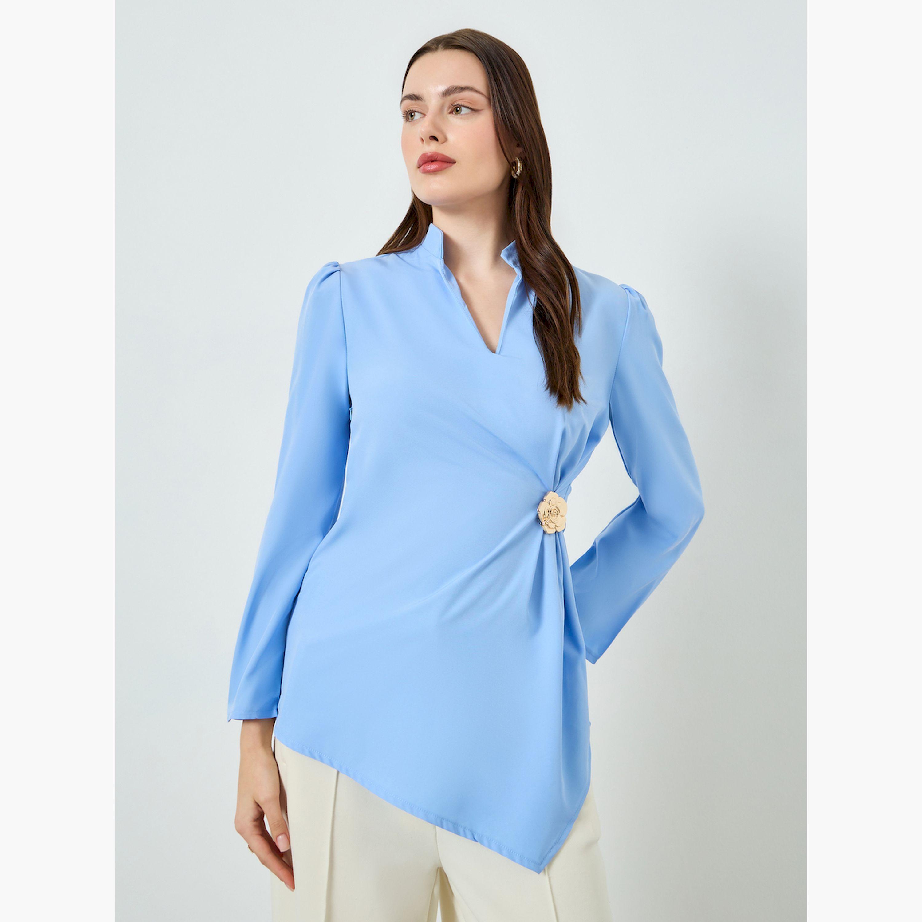 Styli Blue Flower Buckle Long Sleeve Blouse-women-clothing-shirtsandblouses-blouses-image-1