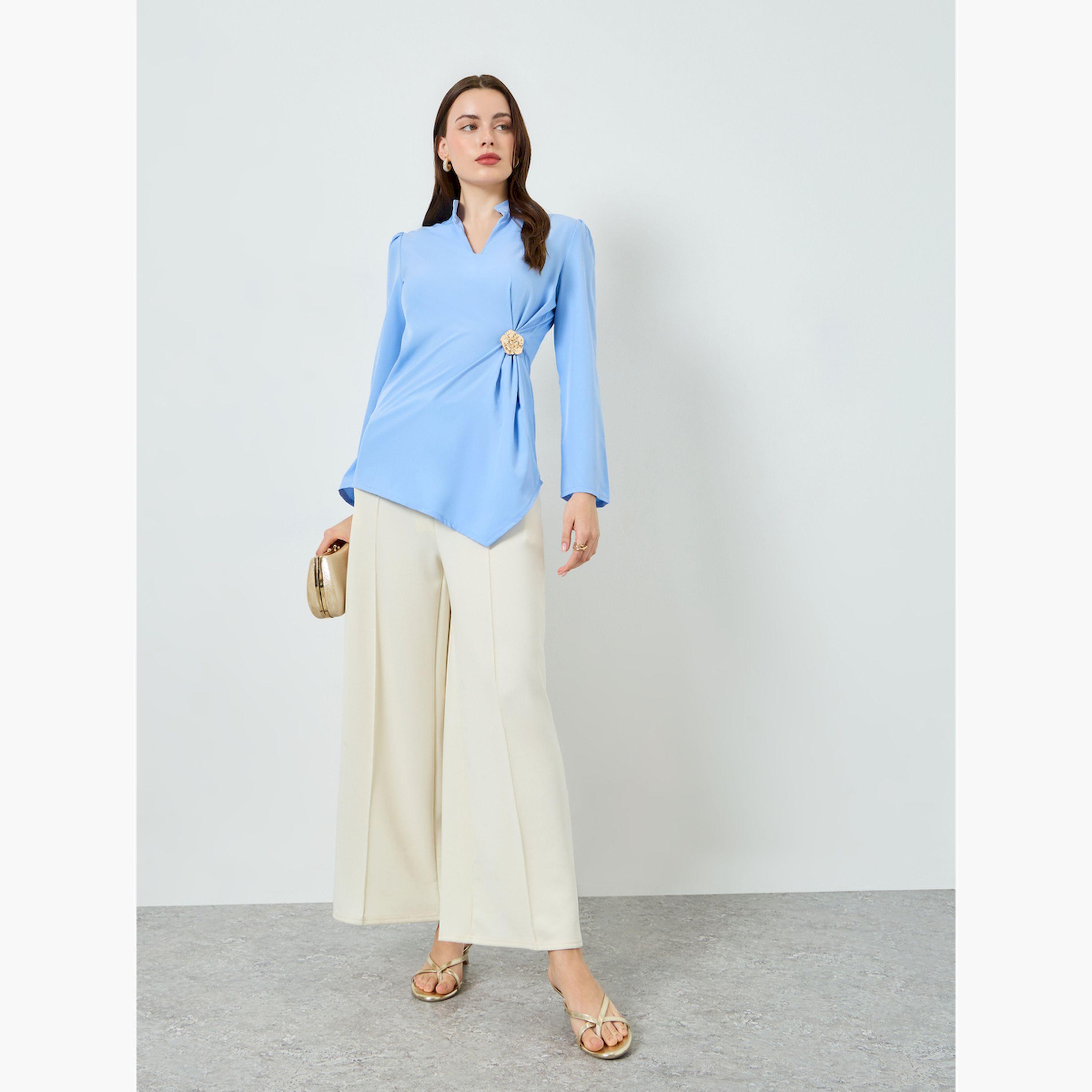 Styli Blue Flower Buckle Long Sleeve Blouse-women-clothing-shirtsandblouses-blouses-image-2
