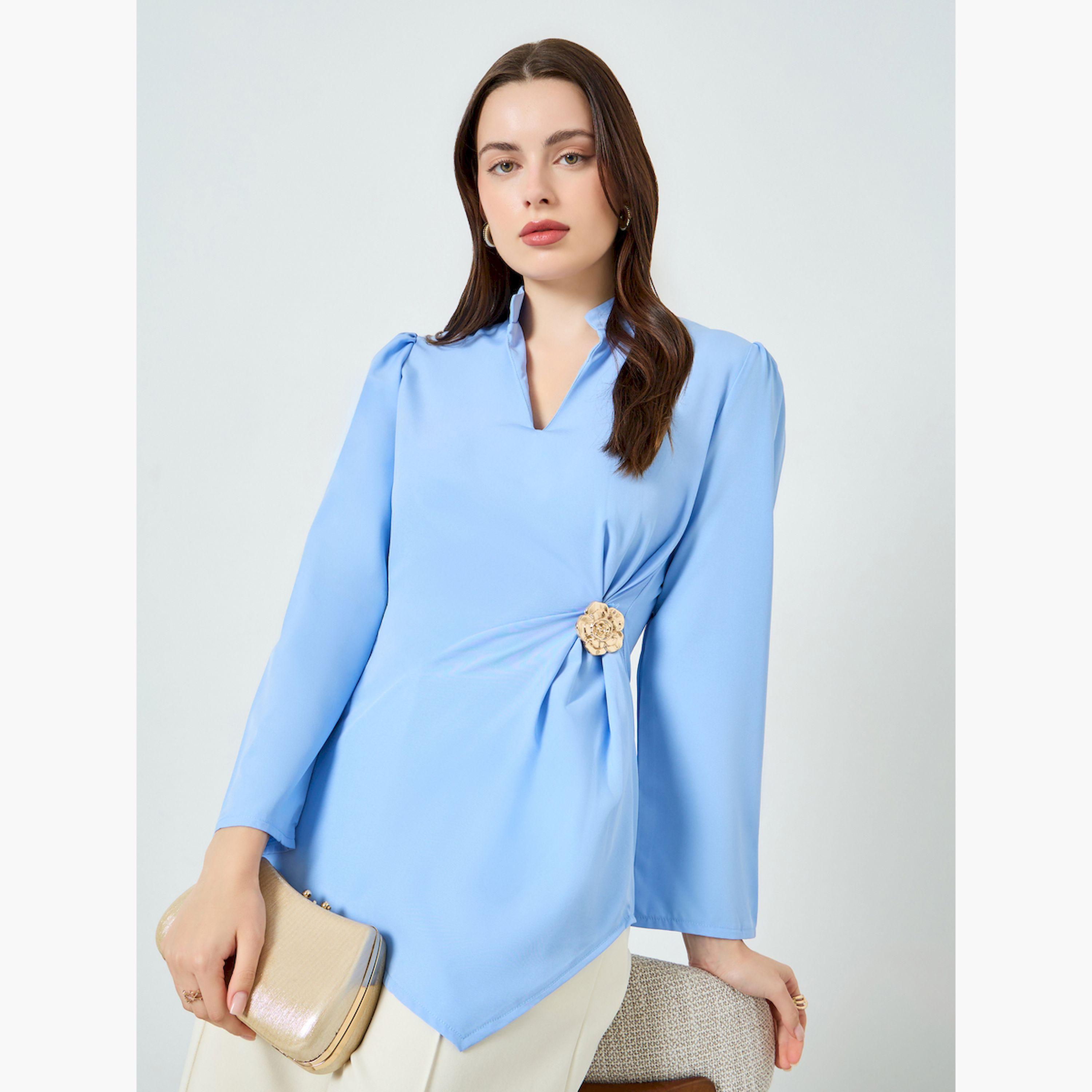 بلوزة بأكمام طويلة وإبزيم بشكل زهرة-women-clothing-shirtsandblouses-blouses-image-3