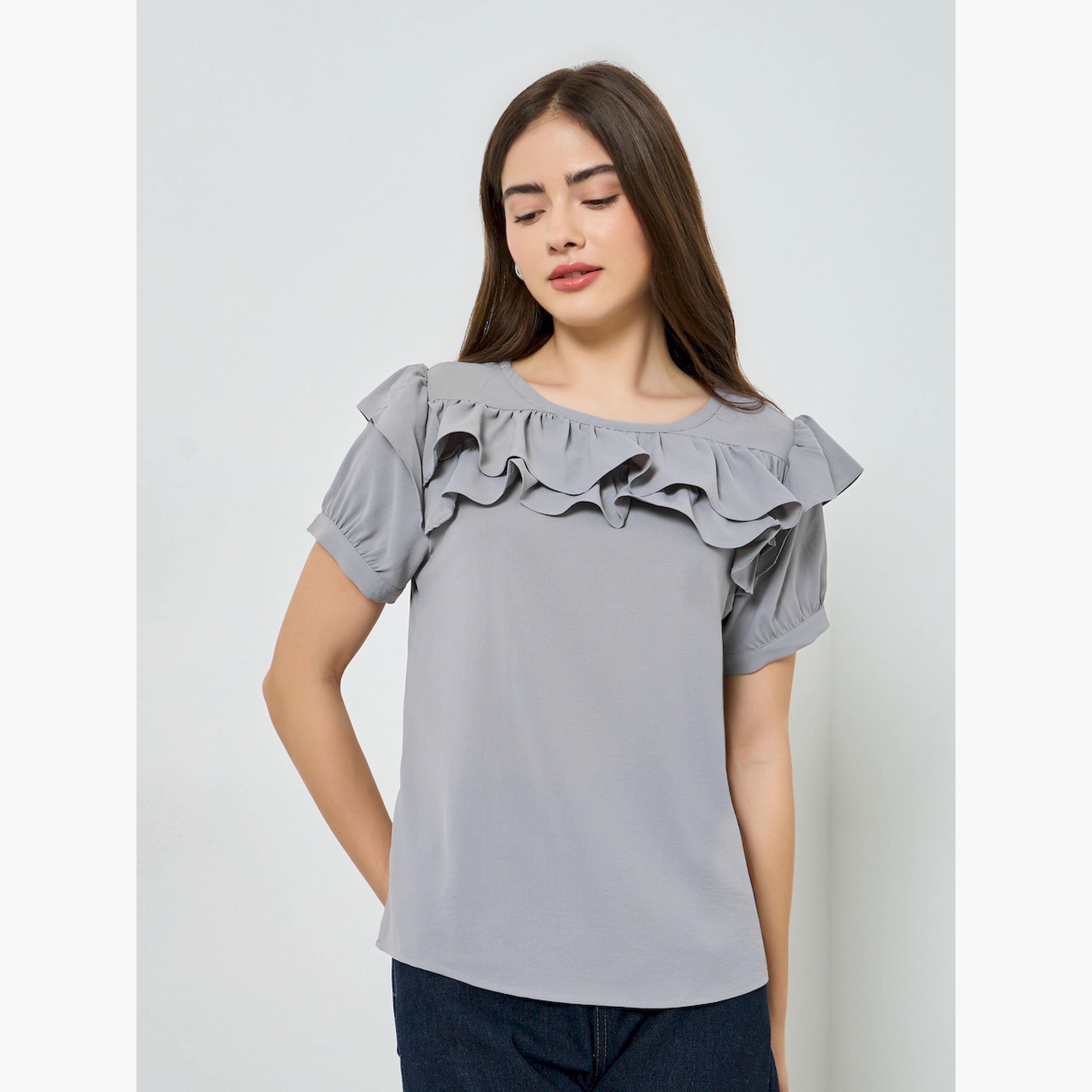 Styli Grey Ruffled Detail Short Sleeve Blouse-women-clothing-shirtsandblouses-blouses-image-1