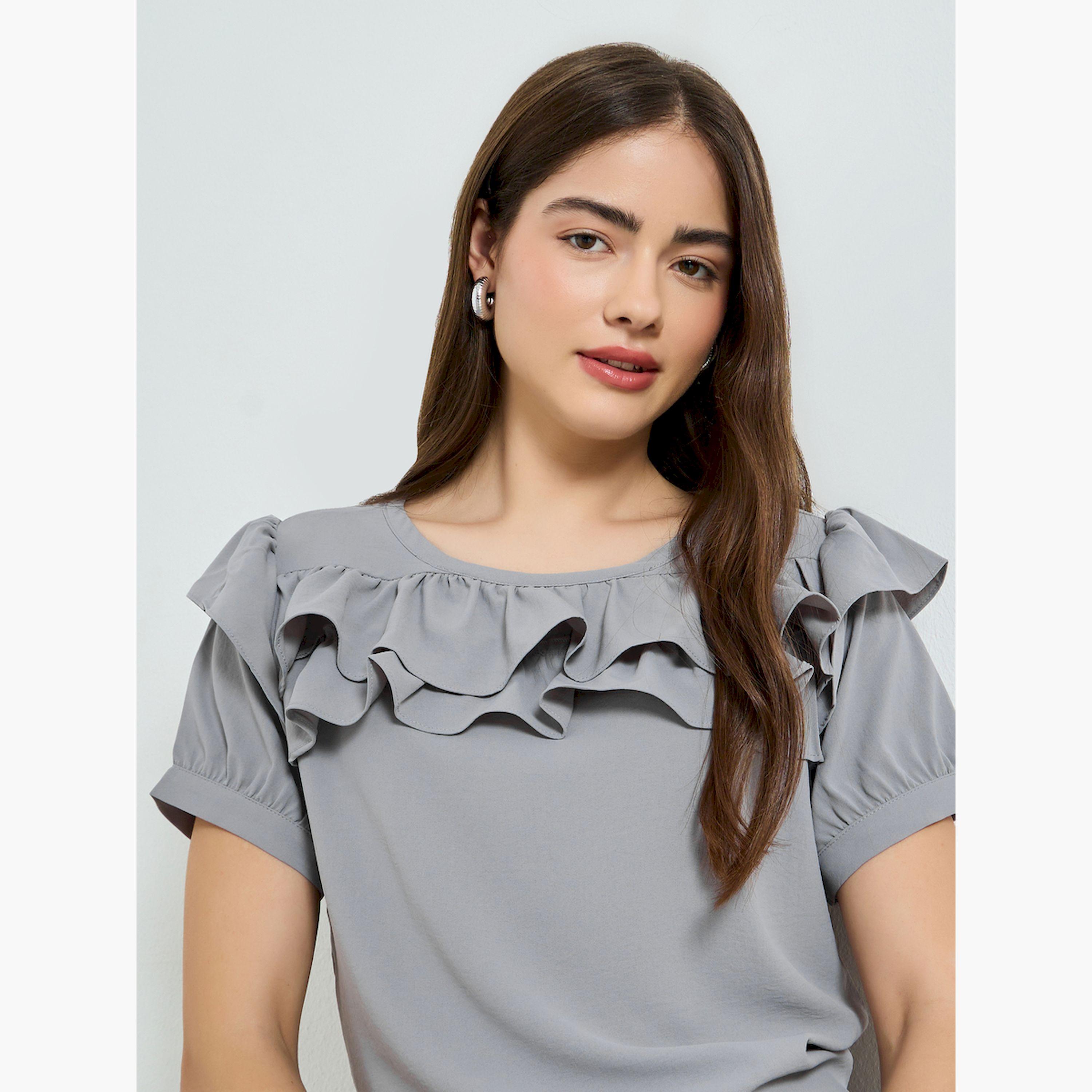 Styli Grey Ruffled Detail Short Sleeve Blouse-women-clothing-shirtsandblouses-blouses-image-3