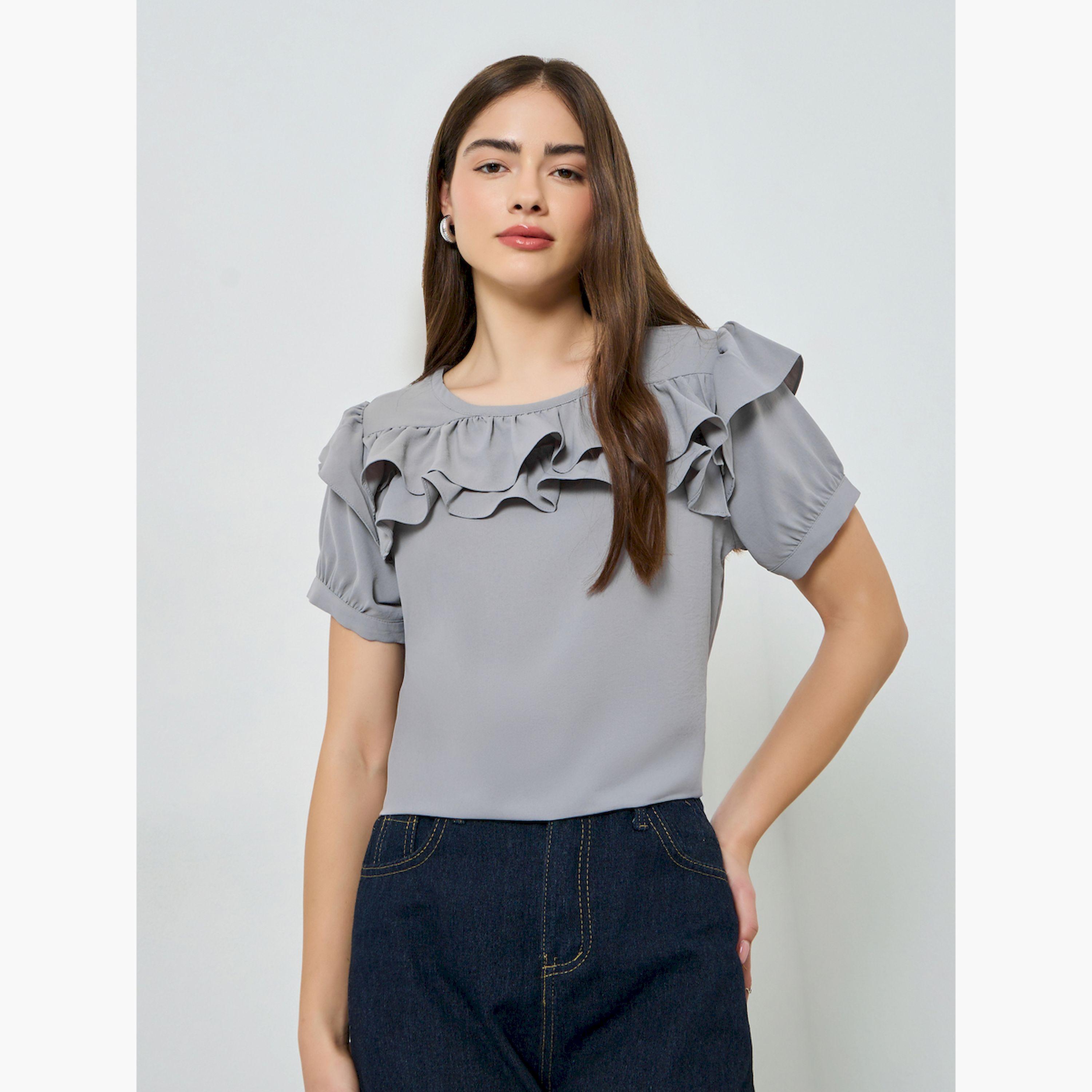 Styli Grey Ruffled Detail Short Sleeve Blouse-women-clothing-shirtsandblouses-blouses-image-4