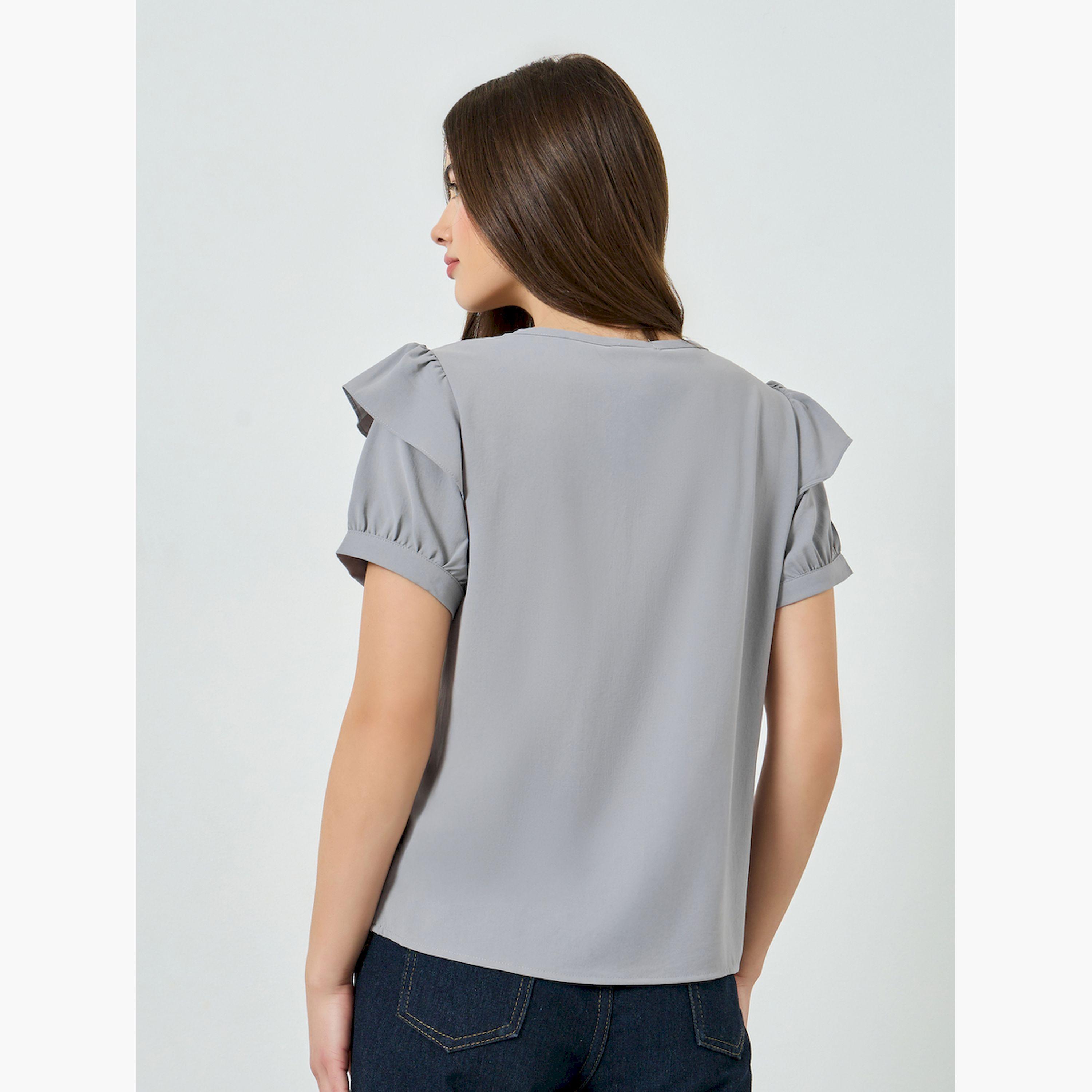 Styli Grey Ruffled Detail Short Sleeve Blouse-women-clothing-shirtsandblouses-blouses-image-5