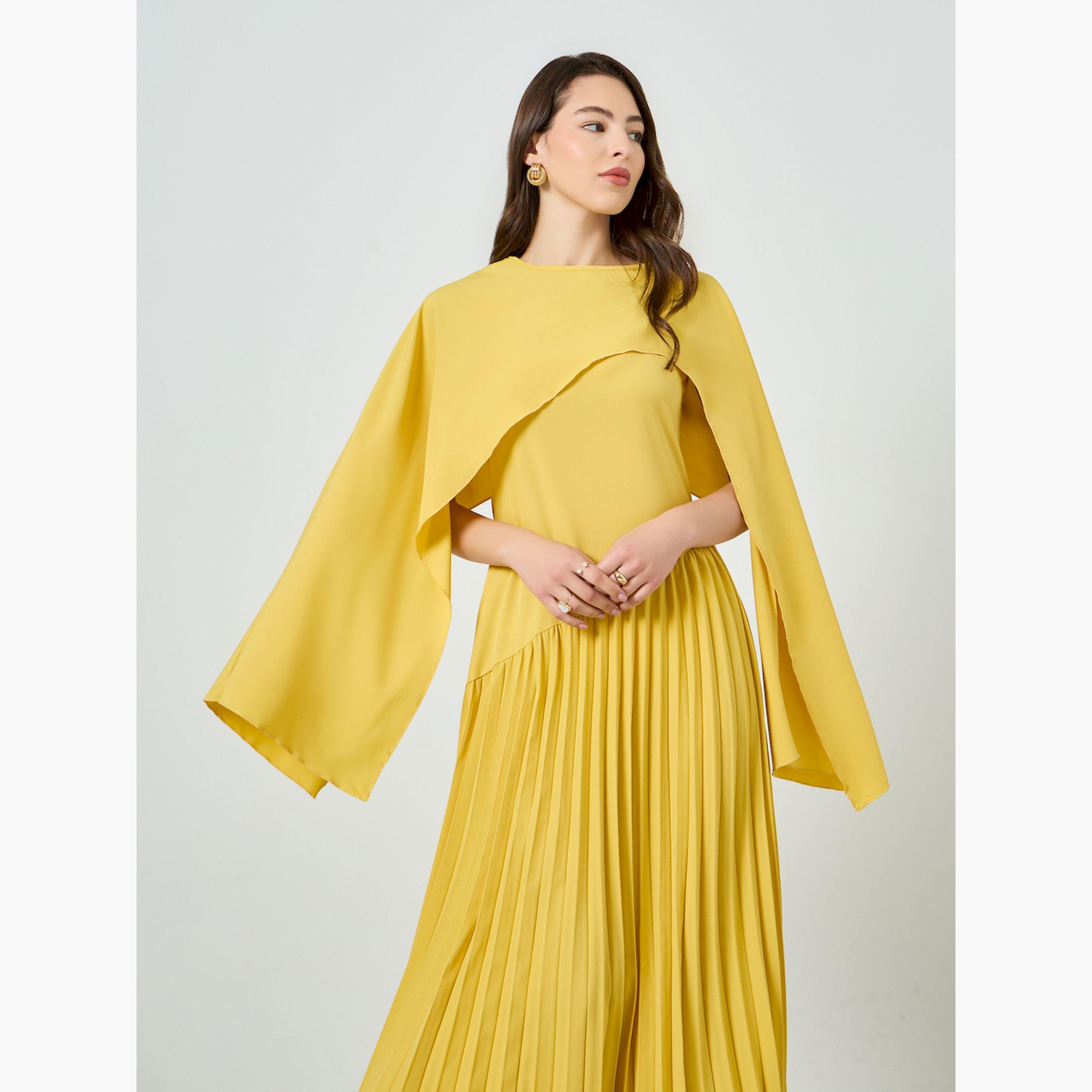 فستان طويل بكسرات وأكمام كيب-women-clothing-dresses-image-2