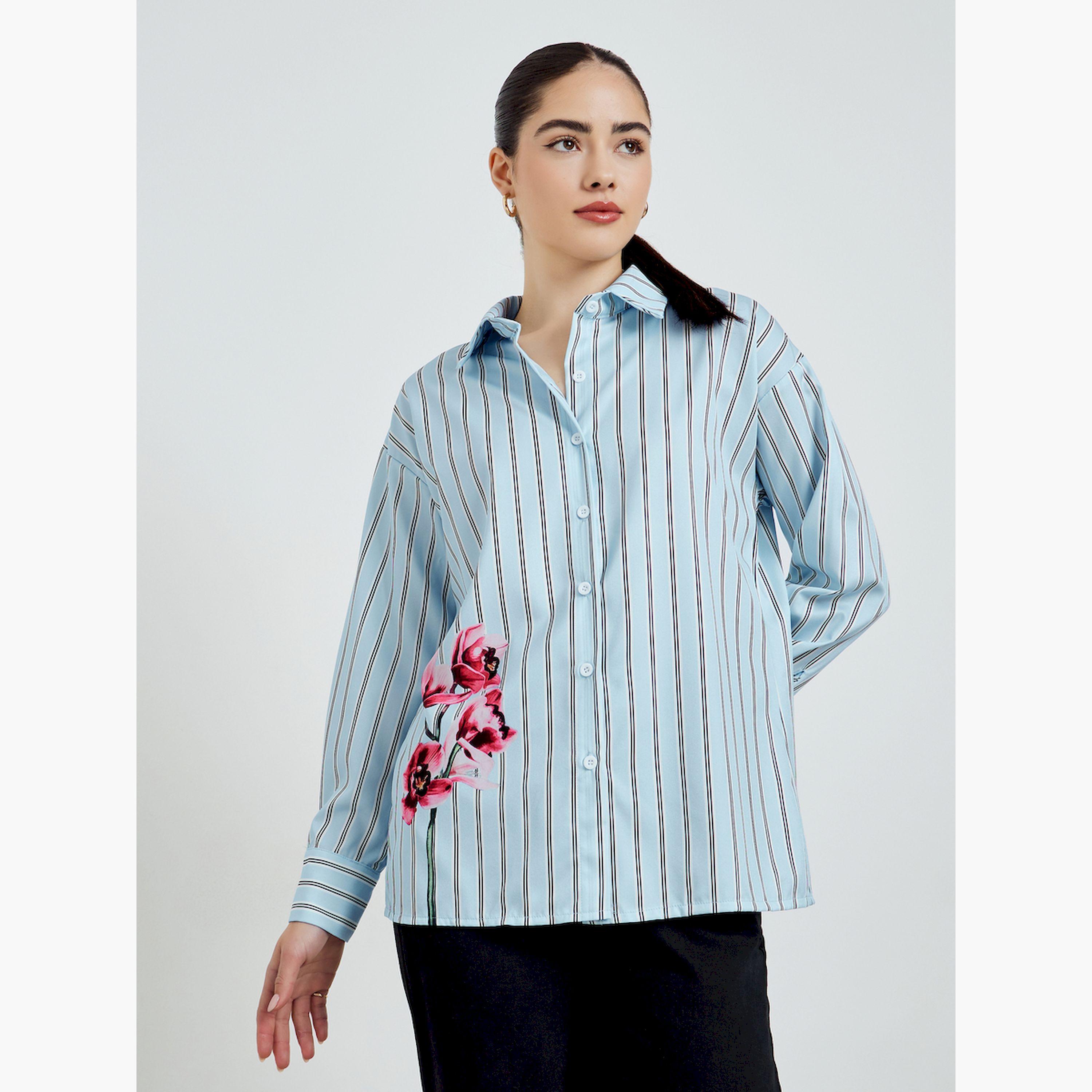 قميص مخطط واسع بتفاصيل زهور-women-clothing-shirtsandblouses-shirts-image-1