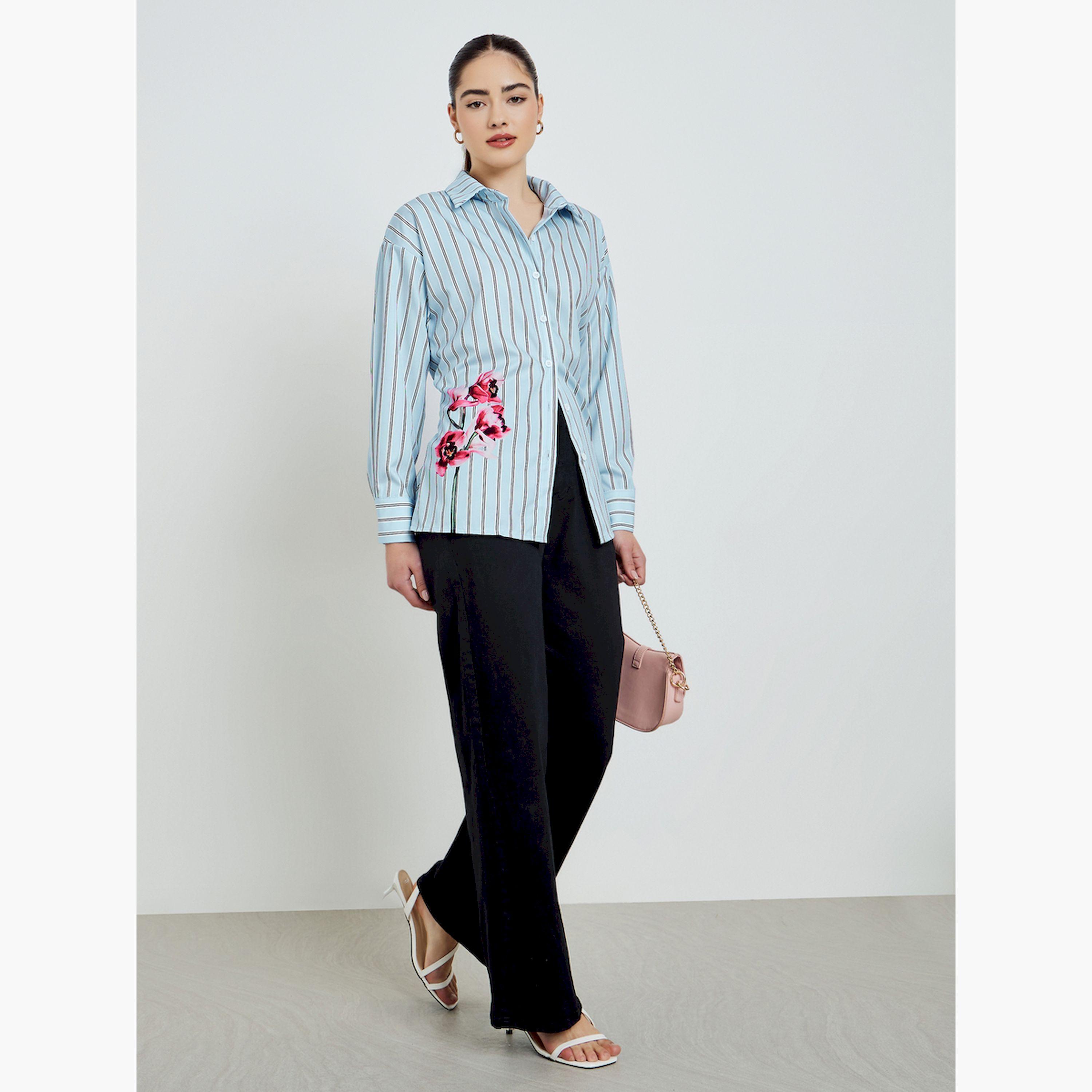 قميص مخطط واسع بتفاصيل زهور-women-clothing-shirtsandblouses-shirts-image-2