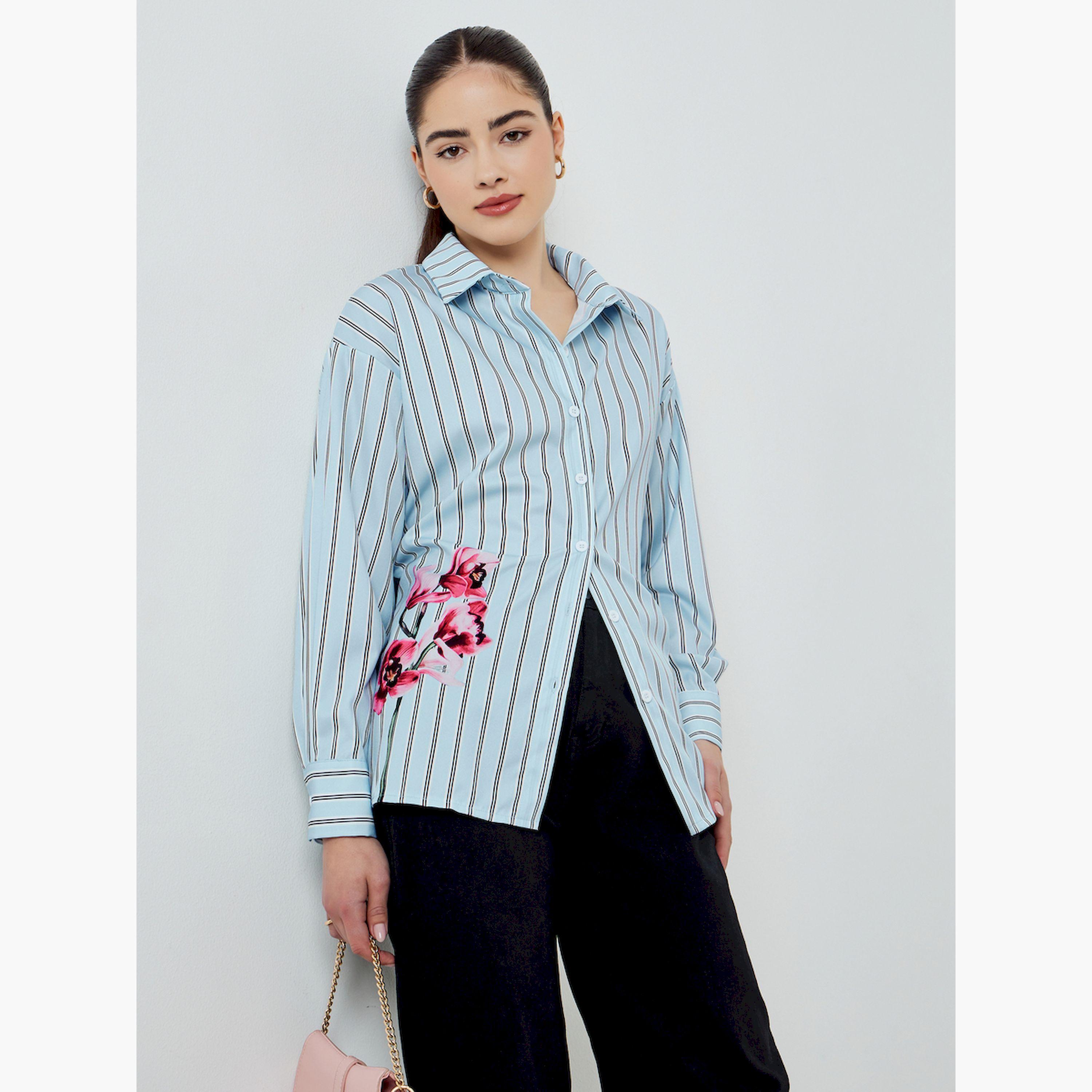 قميص مخطط واسع بتفاصيل زهور-women-clothing-shirtsandblouses-shirts-image-3