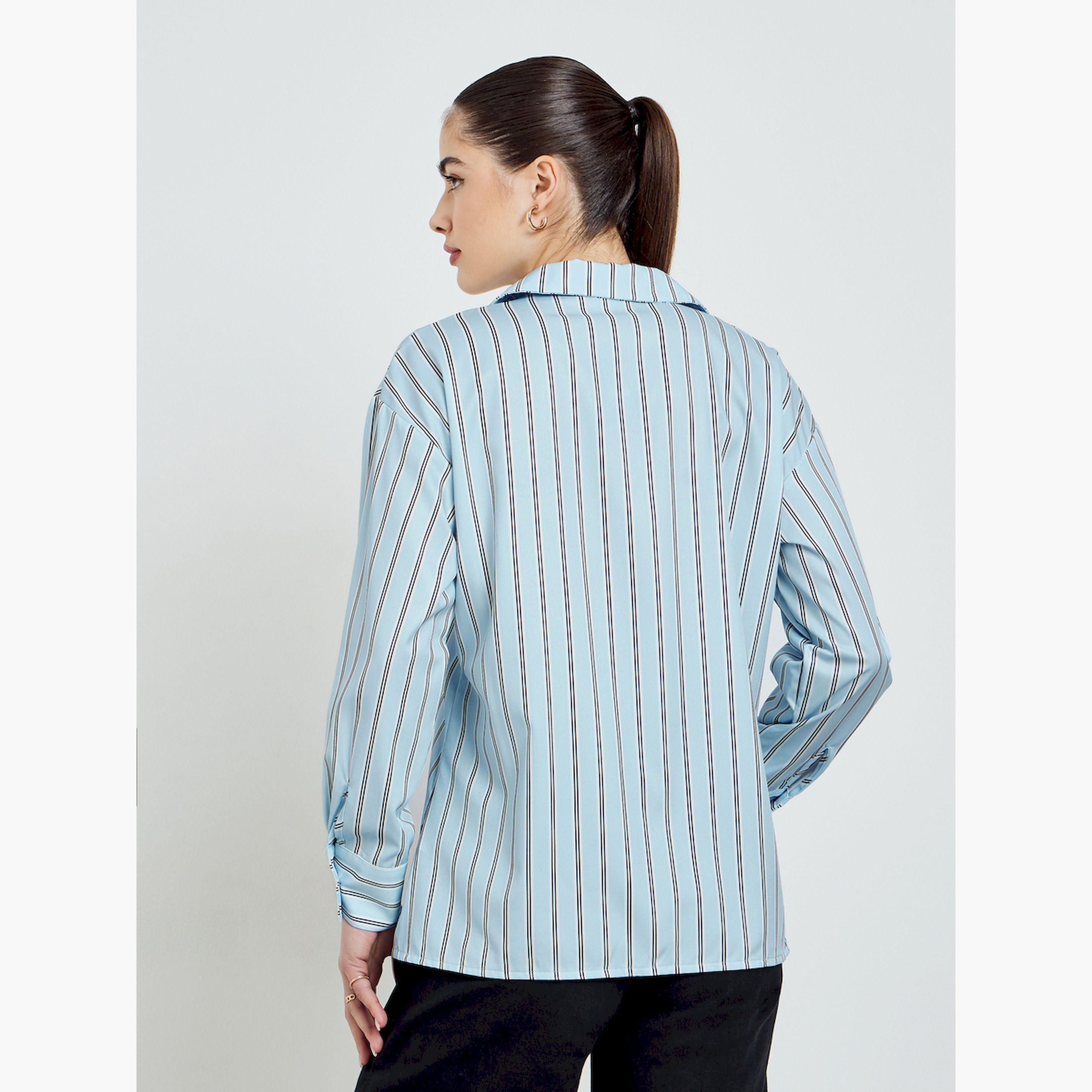 قميص مخطط واسع بتفاصيل زهور-women-clothing-shirtsandblouses-shirts-image-4