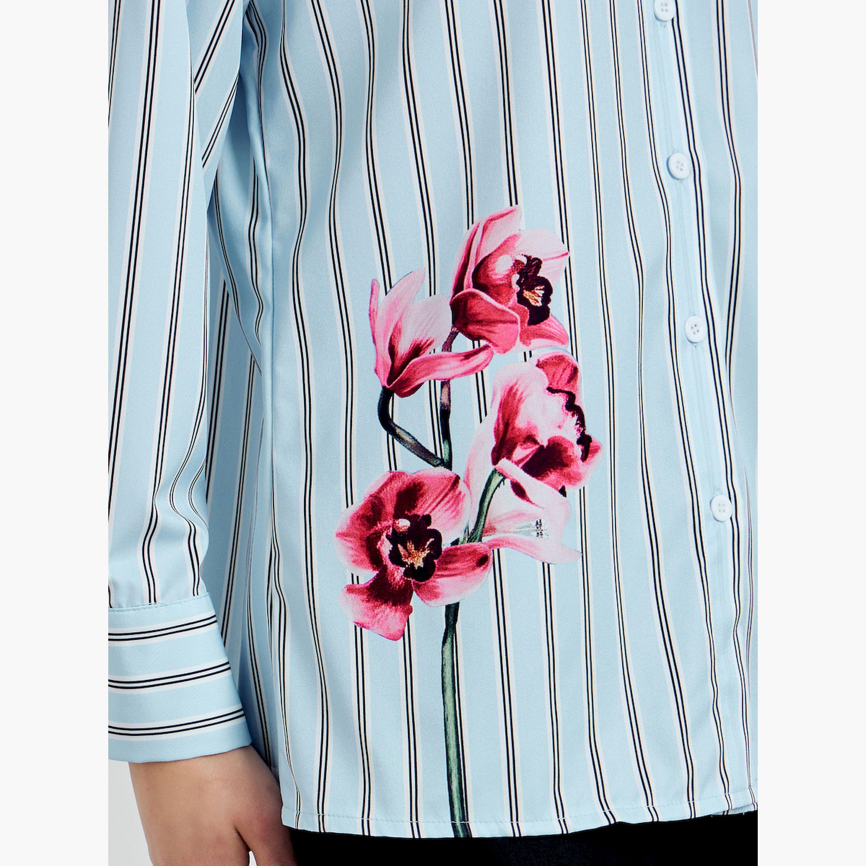 قميص مخطط واسع بتفاصيل زهور-women-clothing-shirtsandblouses-shirts-image-5