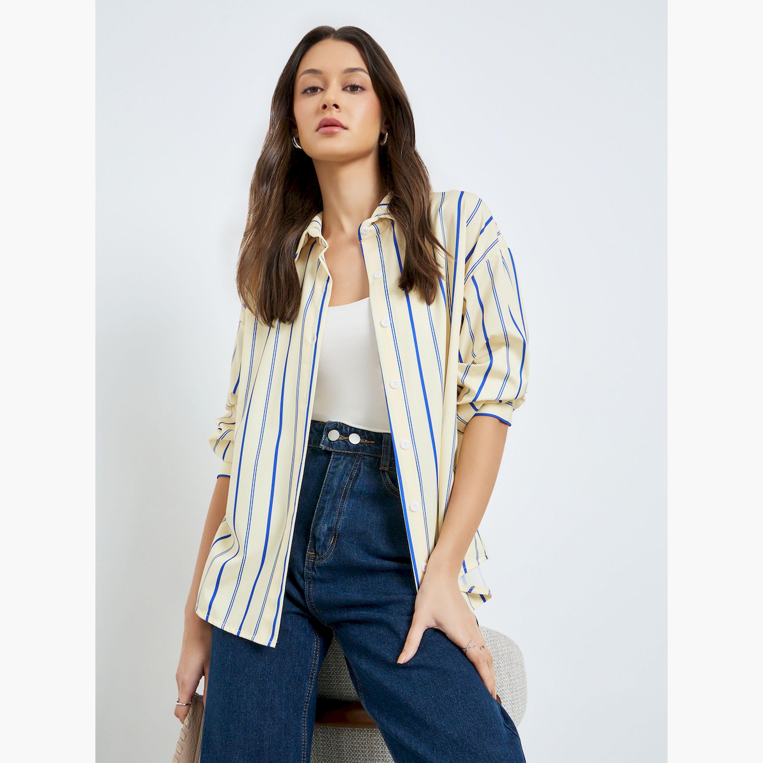 Styli Yellow Striped Oversized Shirt-women-clothing-shirtsandblouses-shirts-image-3