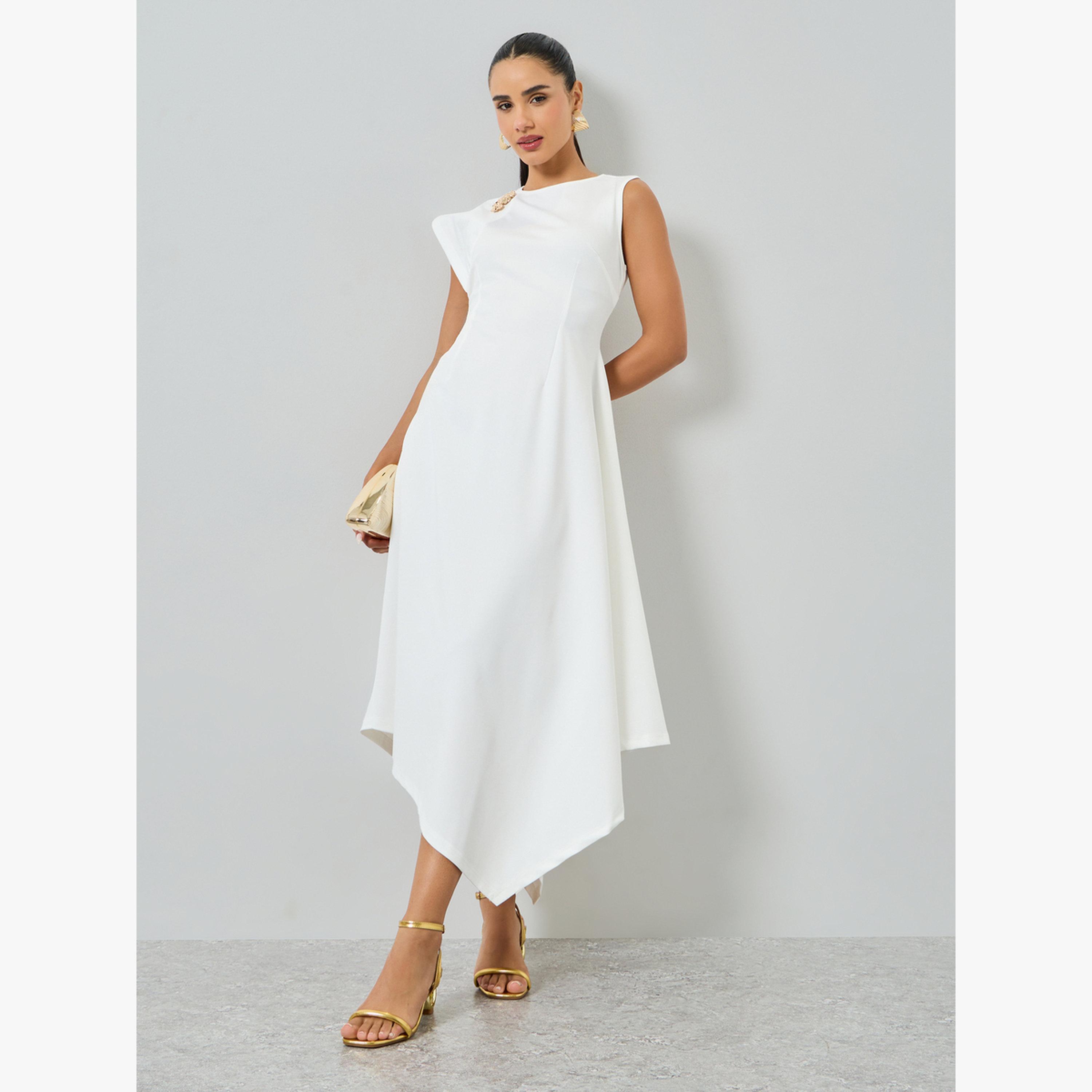 Styli White Asymmetric Hem Midi Dress-women-clothing-dresses-image-1