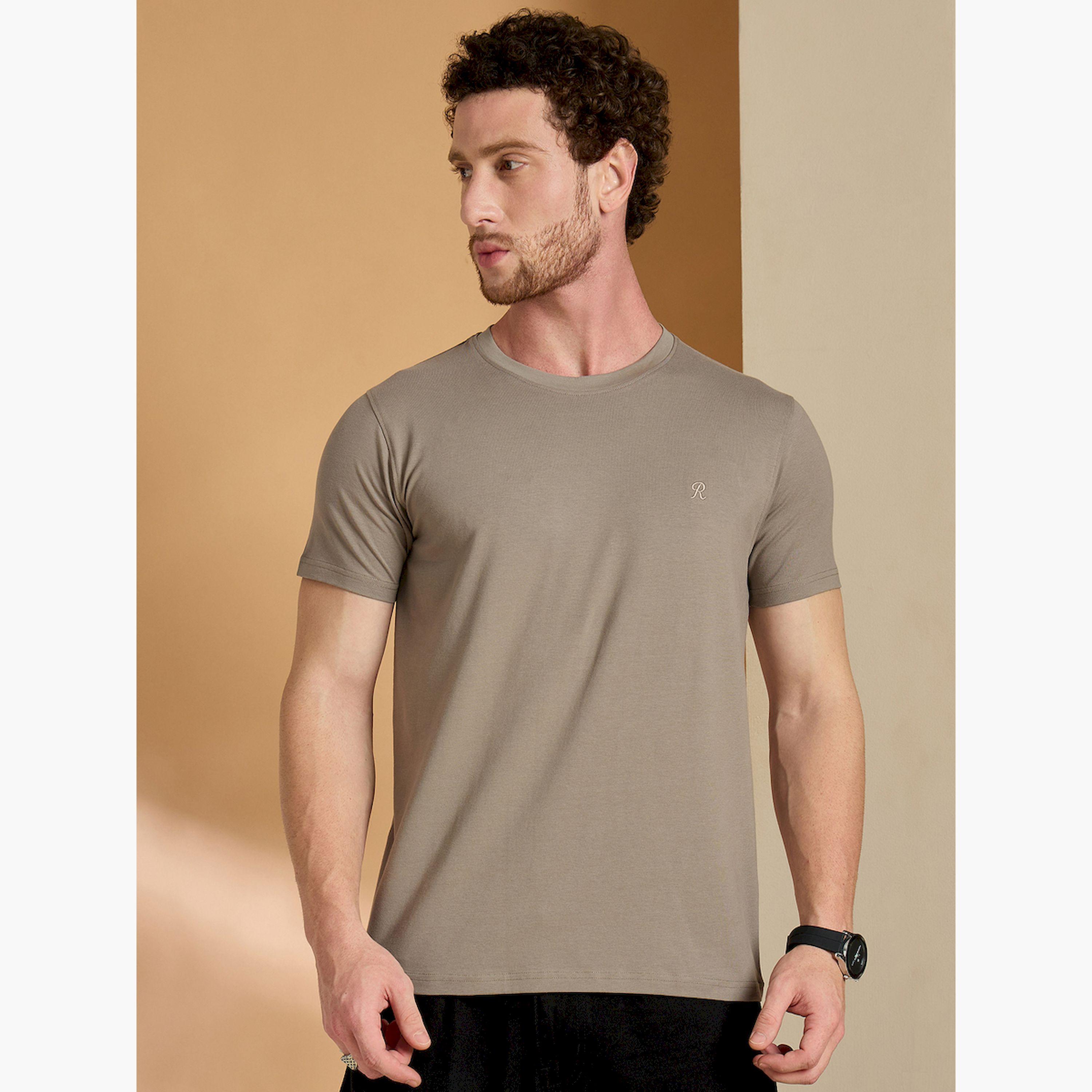 تيشيرت بني بياقة دائرية من مزيج القطن-men-clothing-tshirtsandpolos-tshirts-image-1