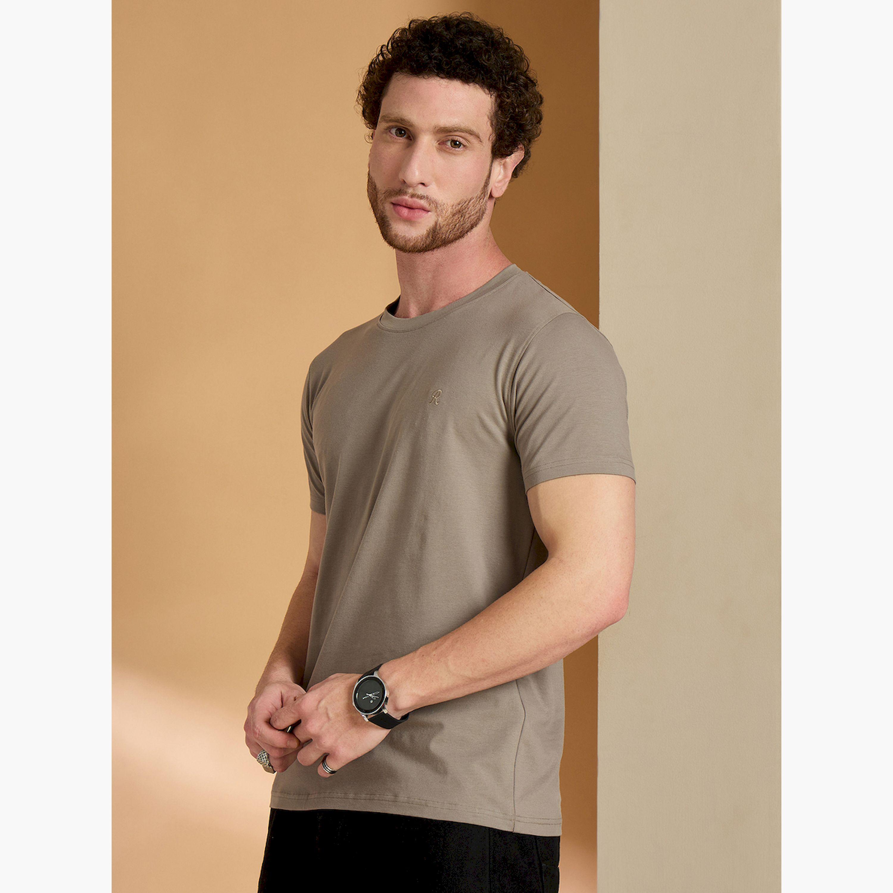 تيشيرت بني بياقة دائرية من مزيج القطن-men-clothing-tshirtsandpolos-tshirts-image-4