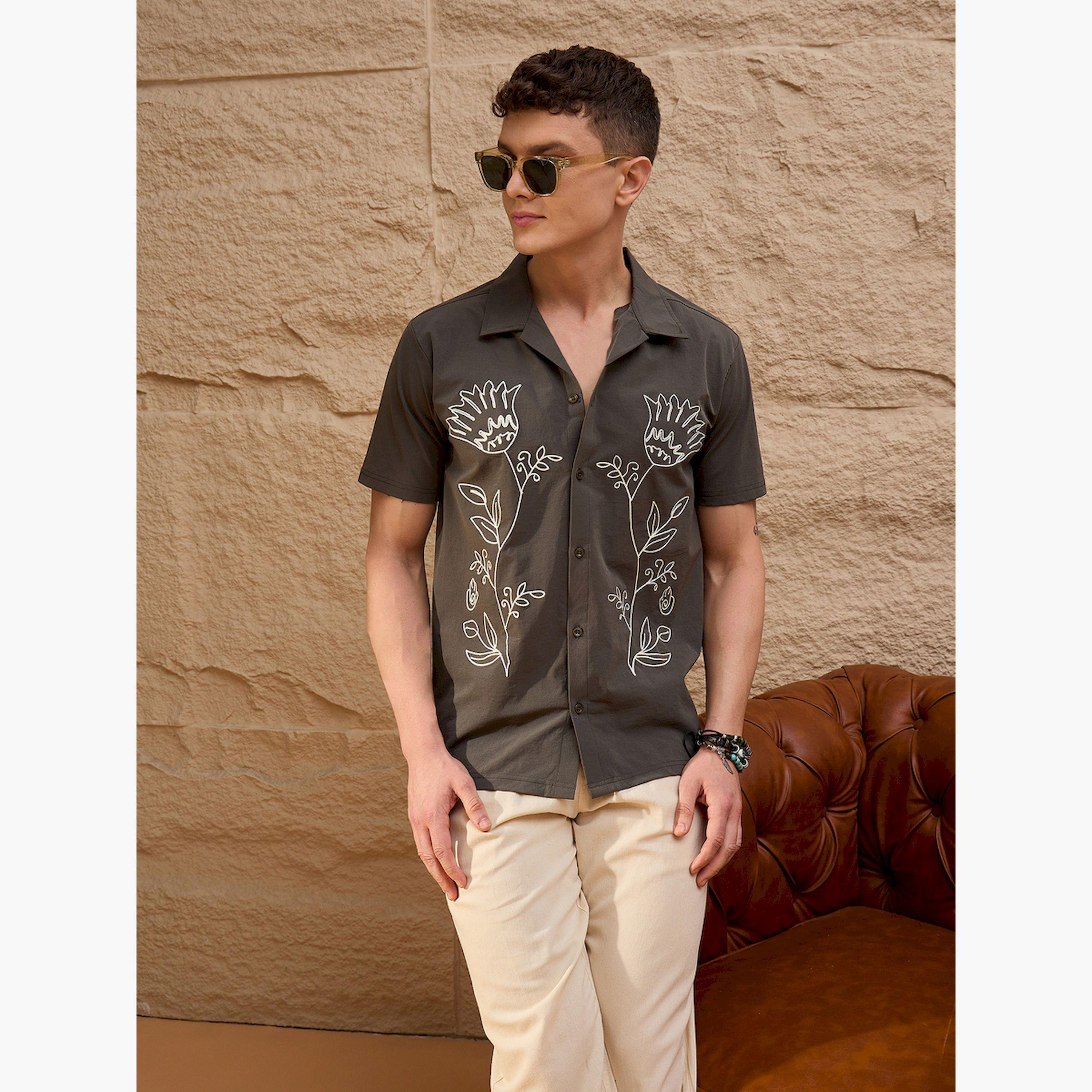 REPRISE X Styli Grey Embroidered Pattern Casual Shirt-men-clothing-shirts-image-4