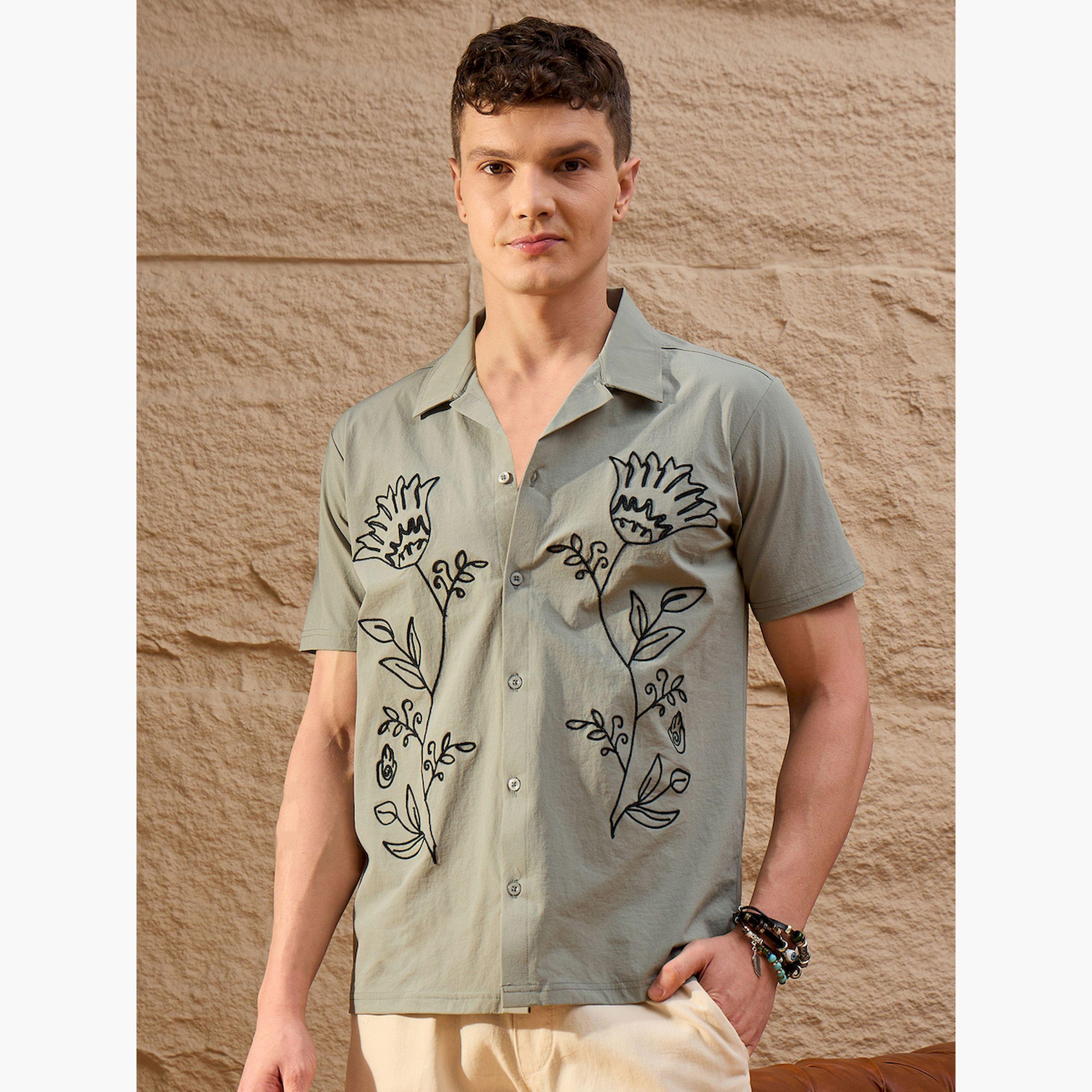 REPRISE X Styli Sage Green Embroidered Pattern Casual Shirt-men-clothing-shirts-image-1