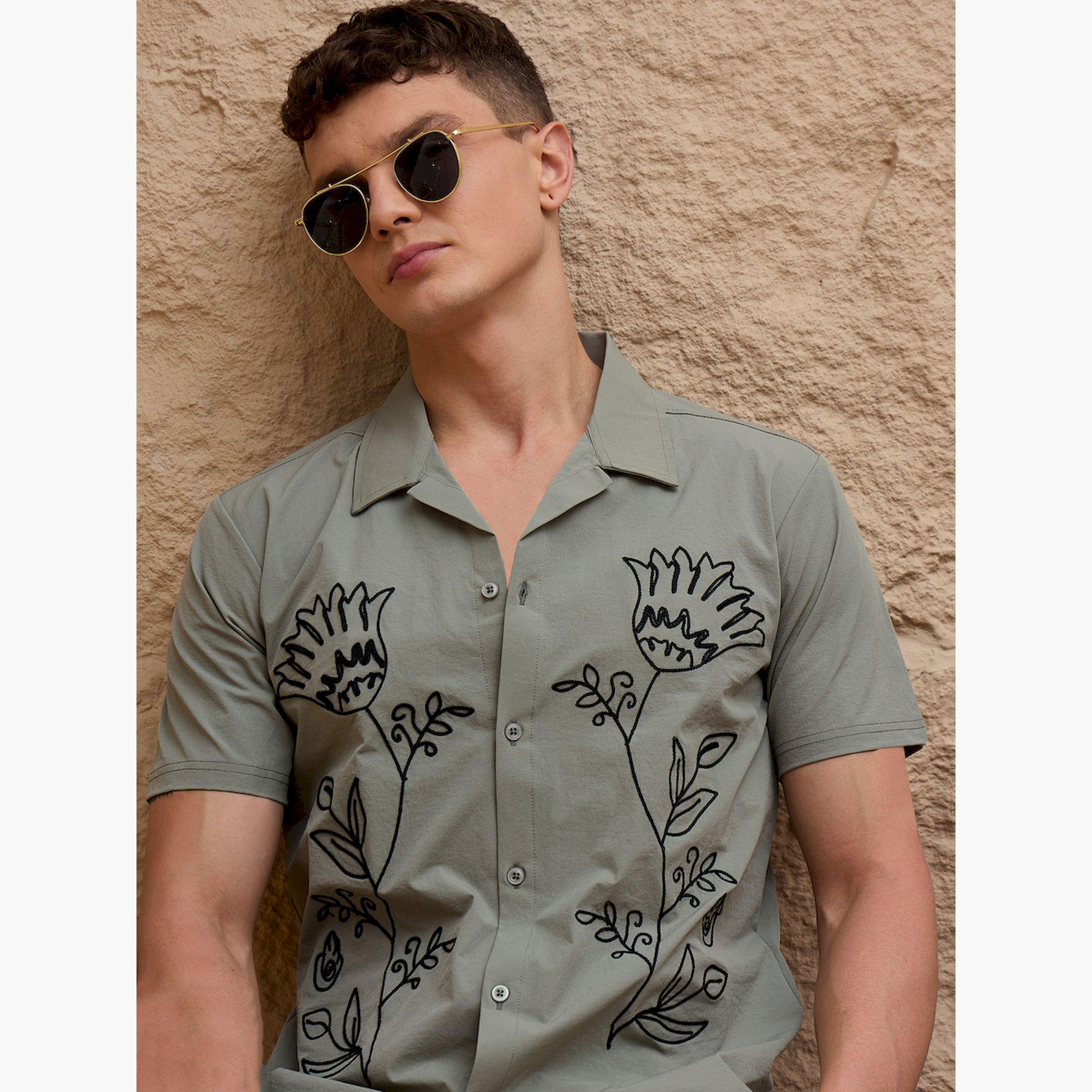 REPRISE X Styli Sage Green Embroidered Pattern Casual Shirt-men-clothing-shirts-image-5