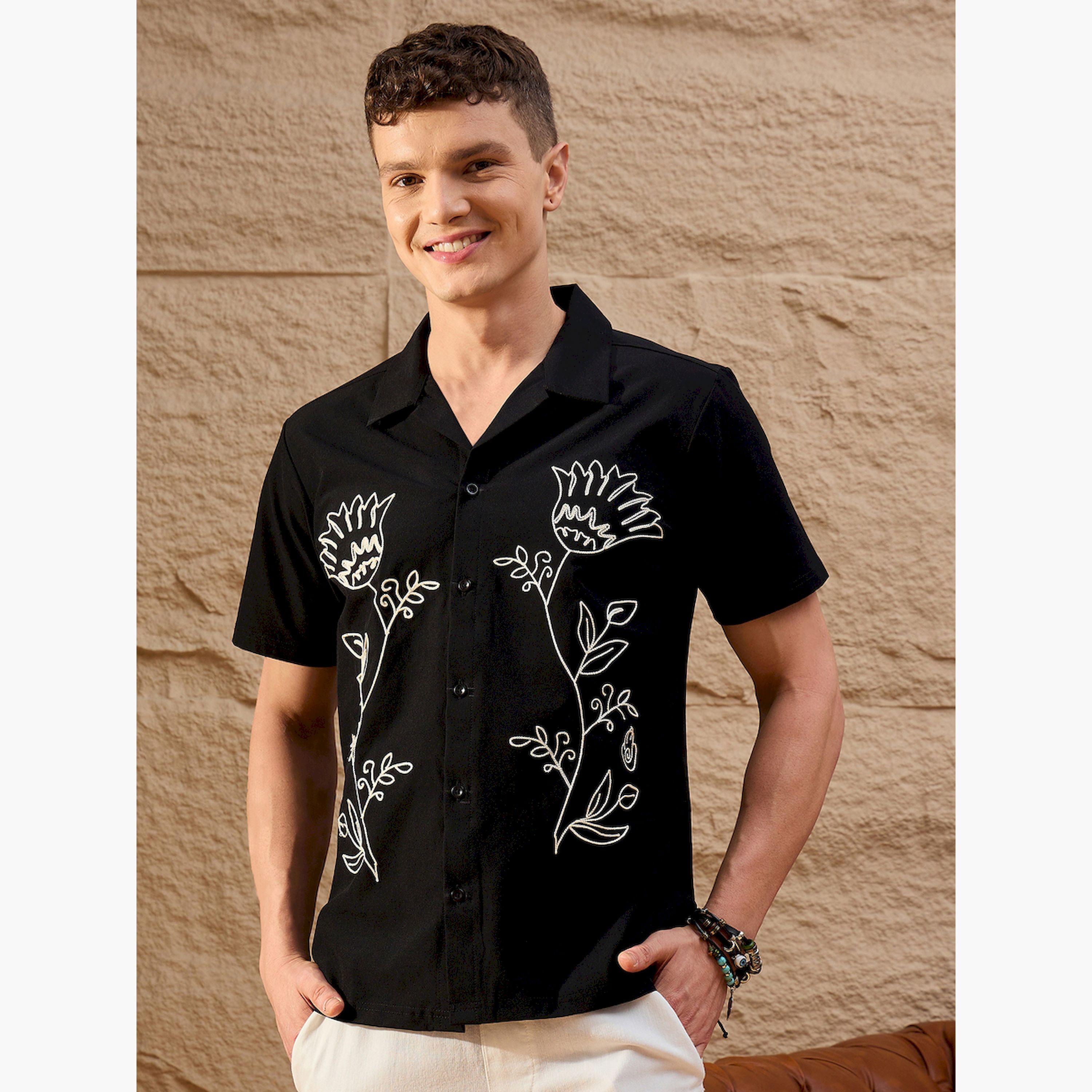 REPRISE X Styli Black Embroidered Pattern Casual Shirt-men-clothing-shirts-image-1
