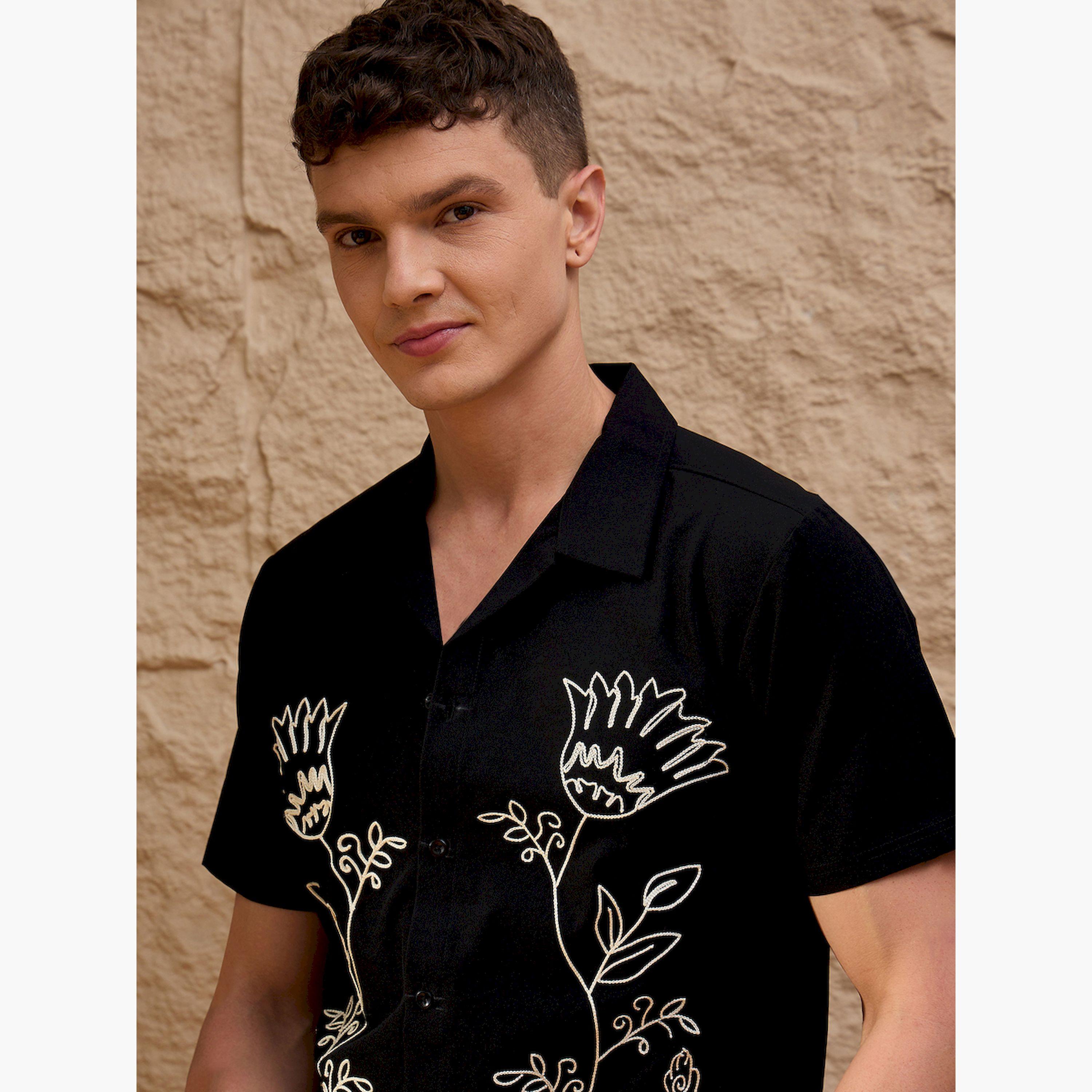 REPRISE X Styli Black Embroidered Pattern Casual Shirt-men-clothing-shirts-image-4