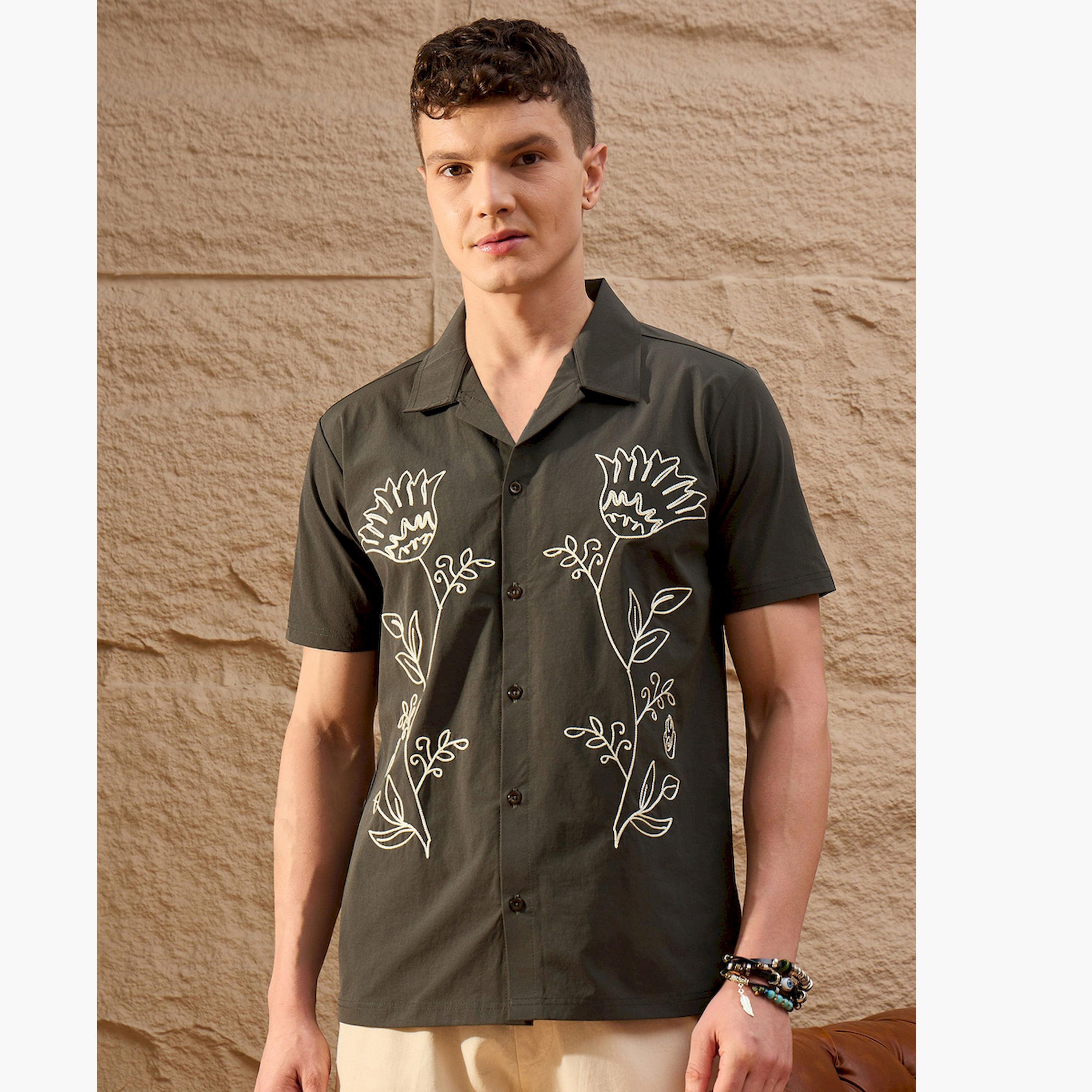 قميص كاجوال زيتوني بنمط مطرز-men-clothing-shirts-image-1