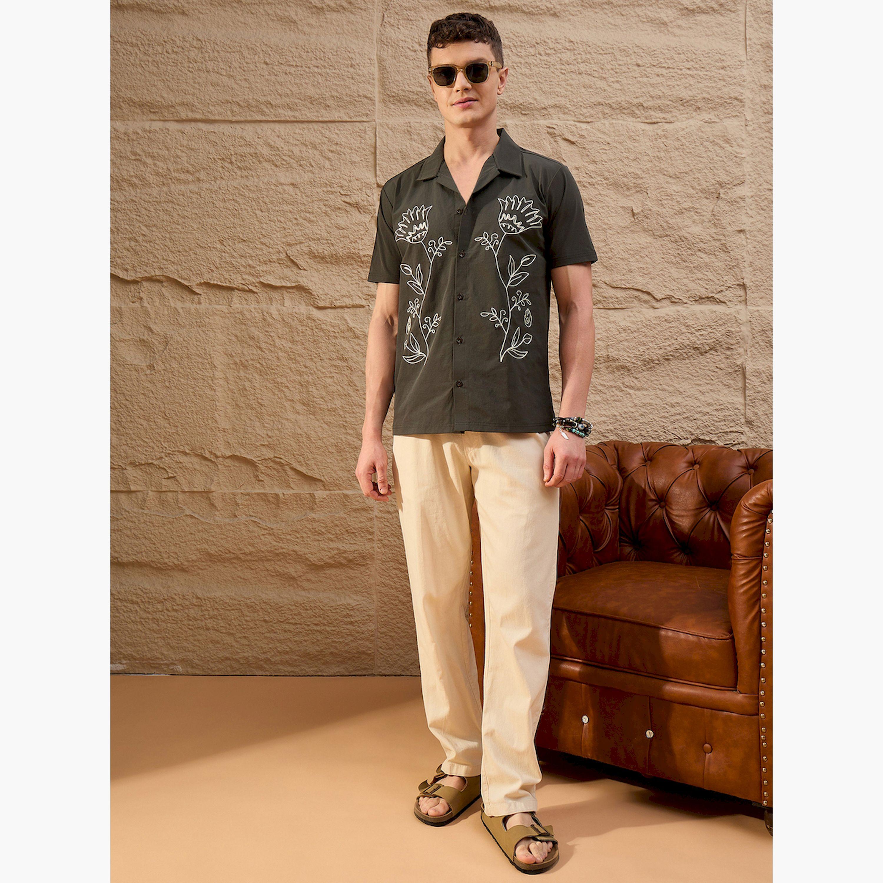 REPRISE X Styli Olive Embroidered Pattern Casual Shirt-men-clothing-shirts-image-2