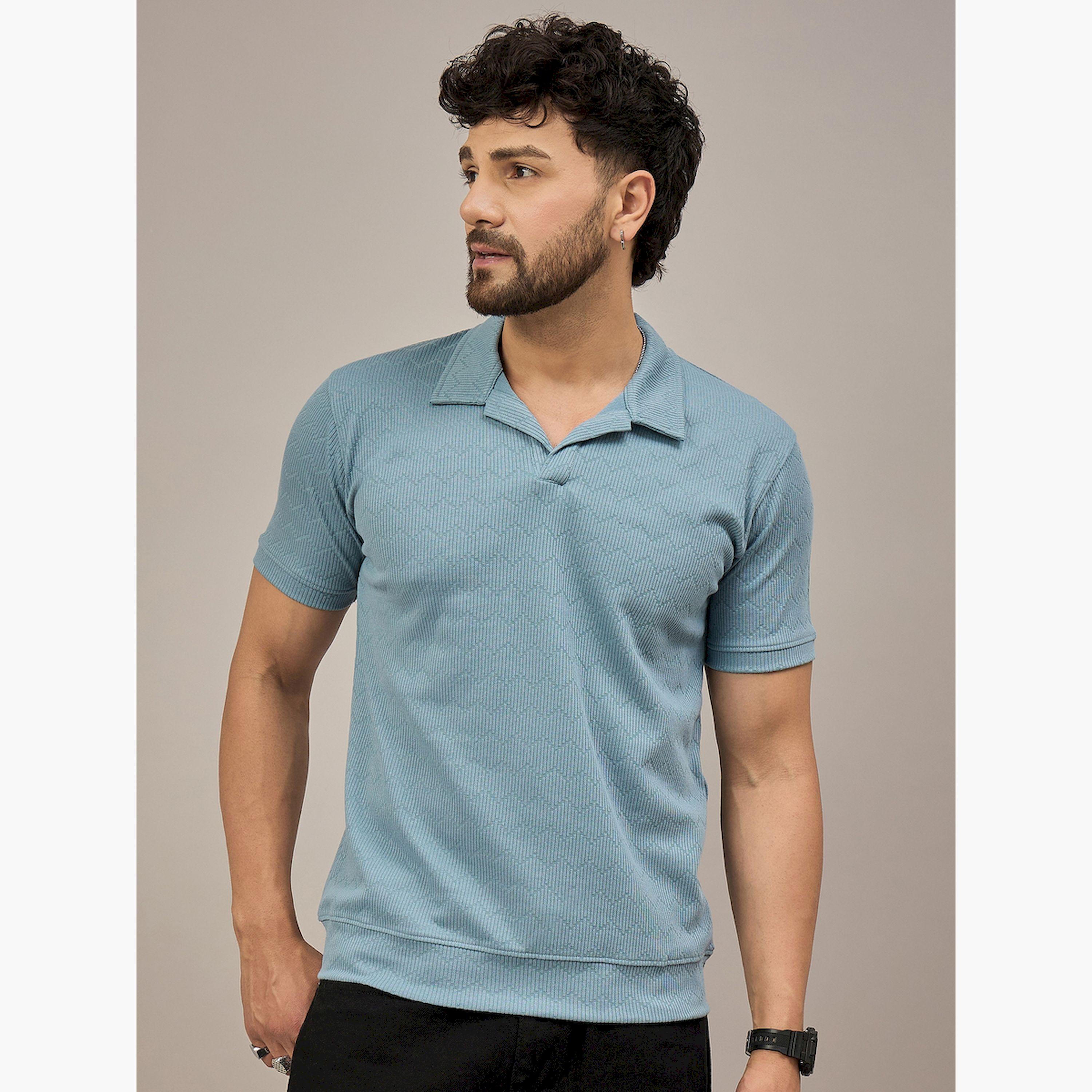 قميص بولو أزرق بأكمام قصيرة وبارز الملمس-men-clothing-tshirtsandpolos-polos-image-1