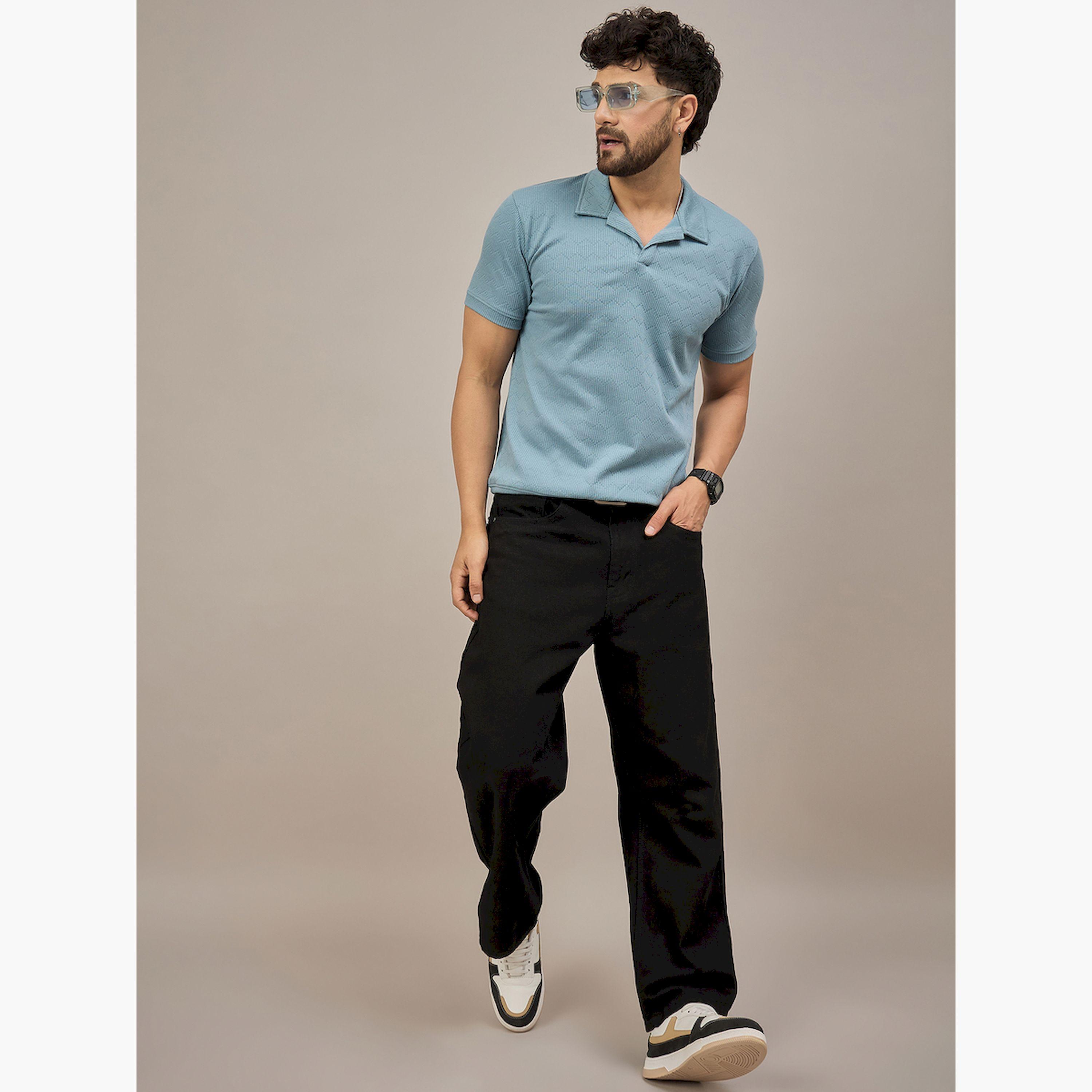 قميص بولو أزرق بأكمام قصيرة وبارز الملمس-men-clothing-tshirtsandpolos-polos-image-2