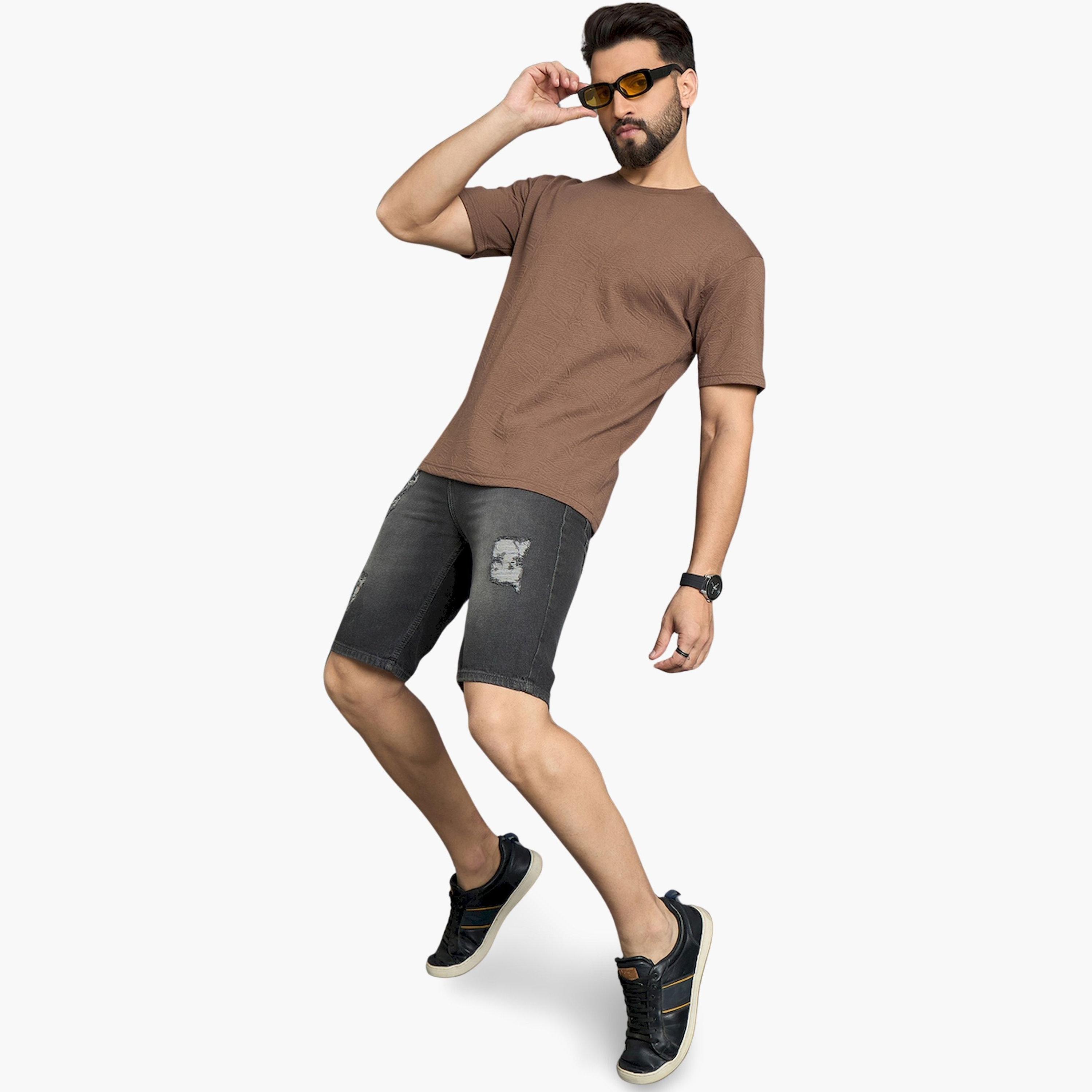 REPRISE X Styli Brown Textured Round Neck T-Shirt-men-clothing-tshirtsandpolos-tshirts-image-2