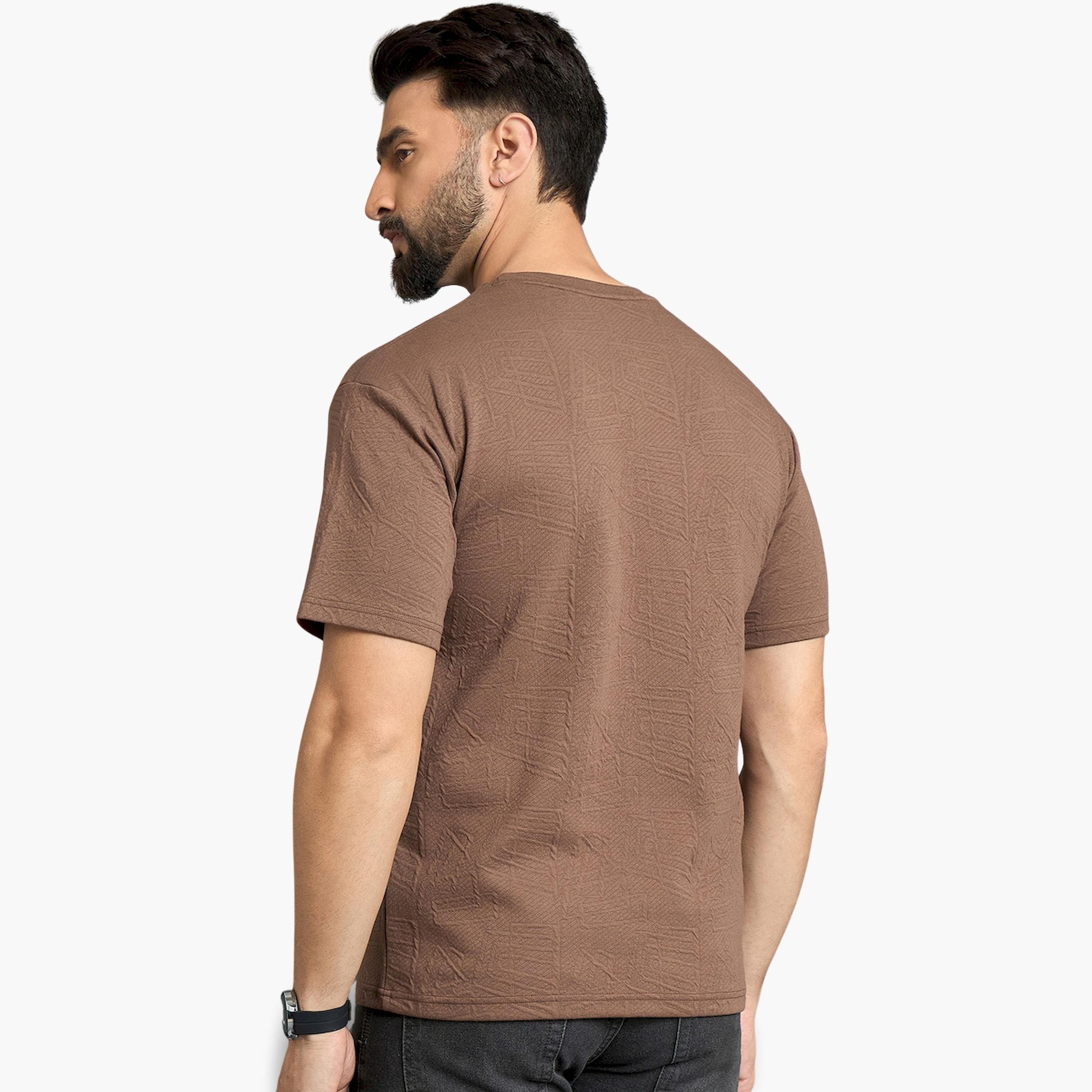 REPRISE X Styli Brown Textured Round Neck T-Shirt-men-clothing-tshirtsandpolos-tshirts-image-5