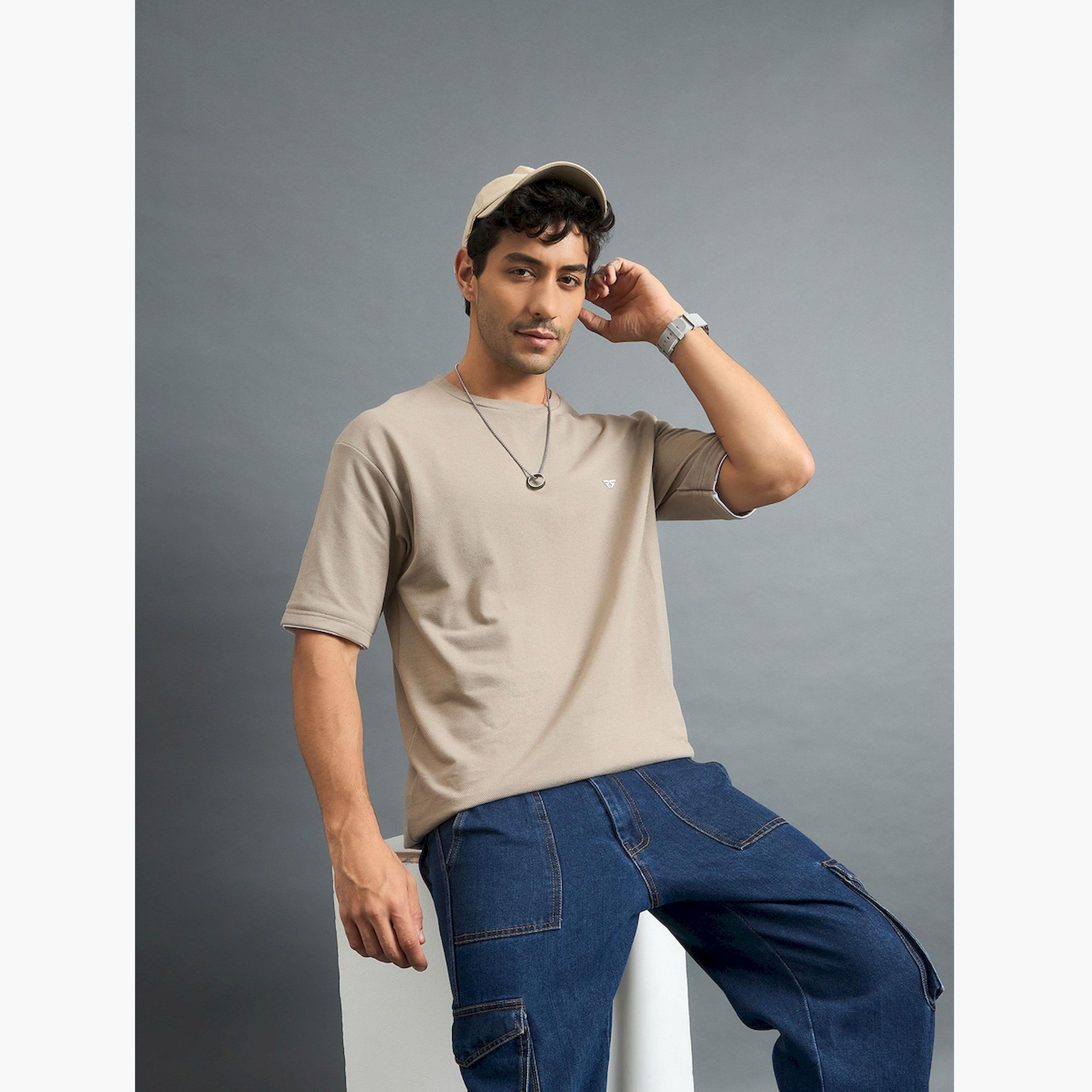 REPRISE X Styli Beige Textured Oversized T-Shirt-men-clothing-tshirtsandpolos-tshirts-image-4