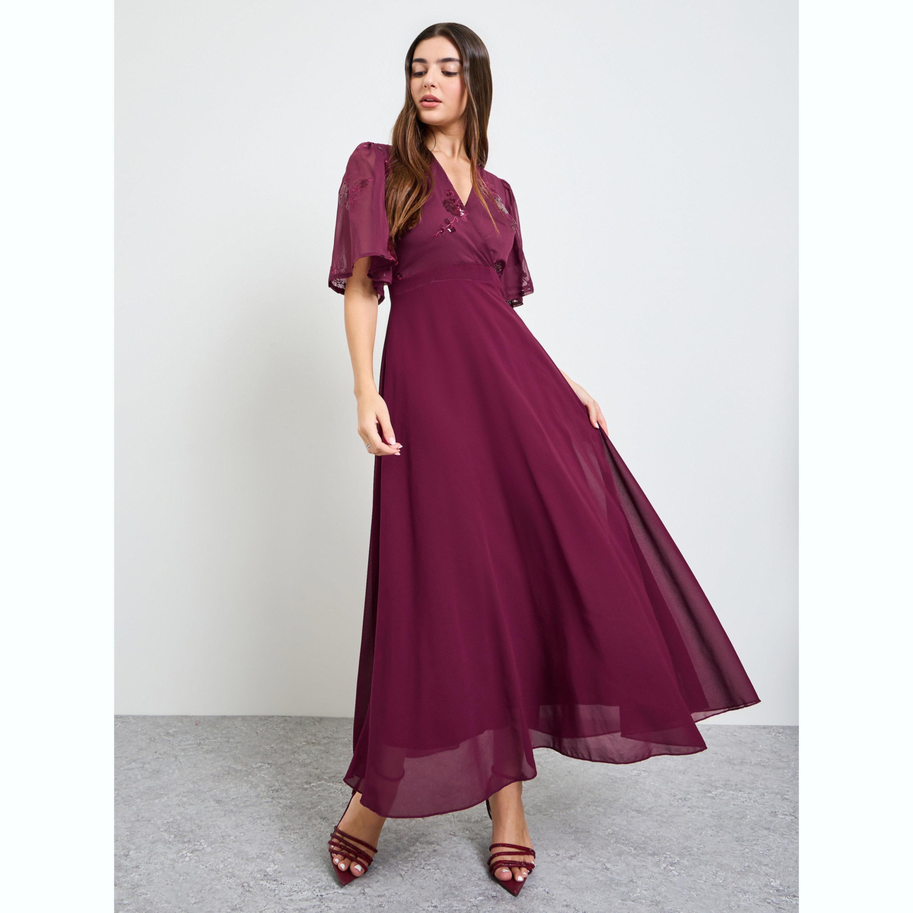 فستان طويل بحافة واسعة وأكمام قصيرة-women-clothing-dresses-image-1