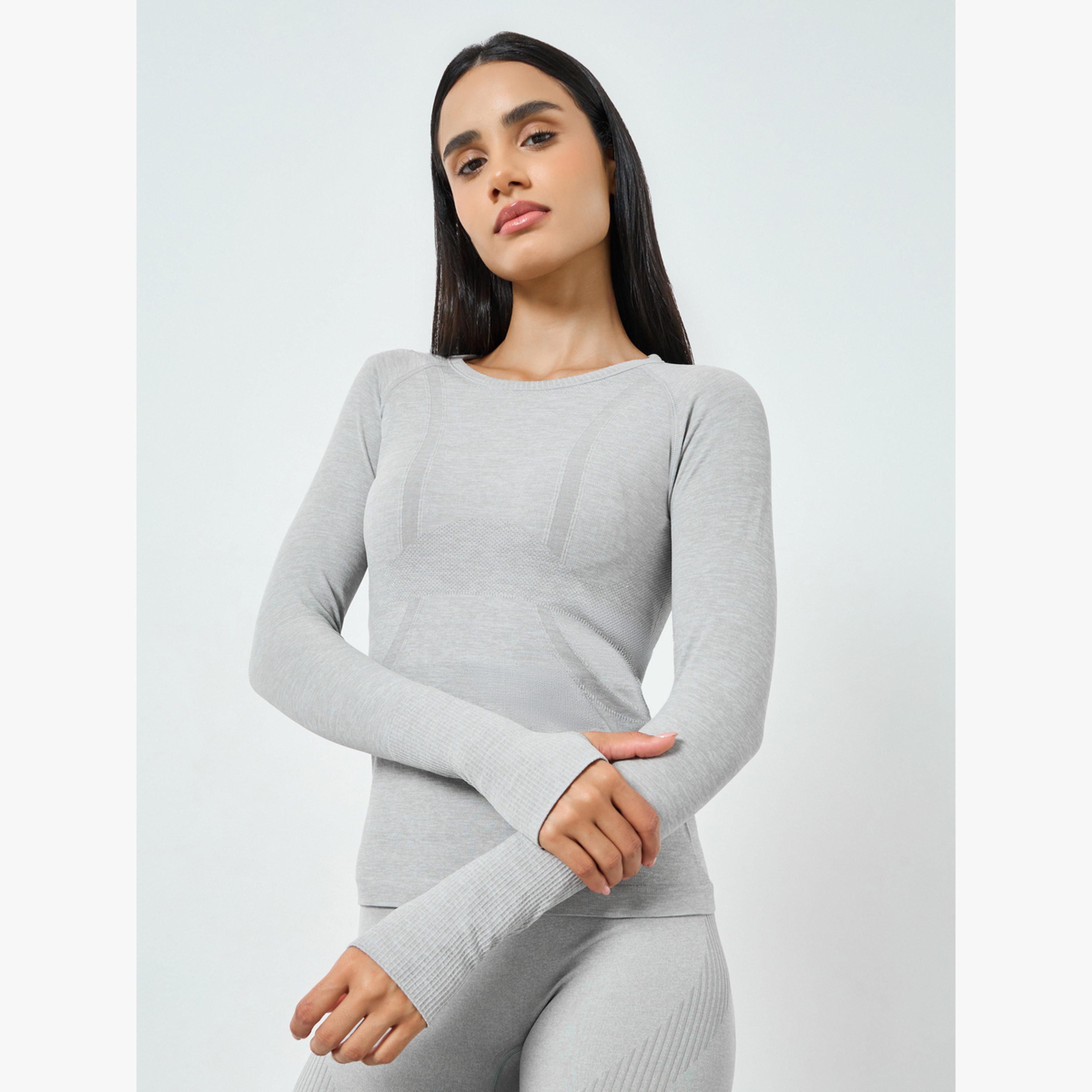 Styli Grey Seamless Contour Detail Short Sleeves Top-sports-women-clothing-tshirtsandvests-image-1
