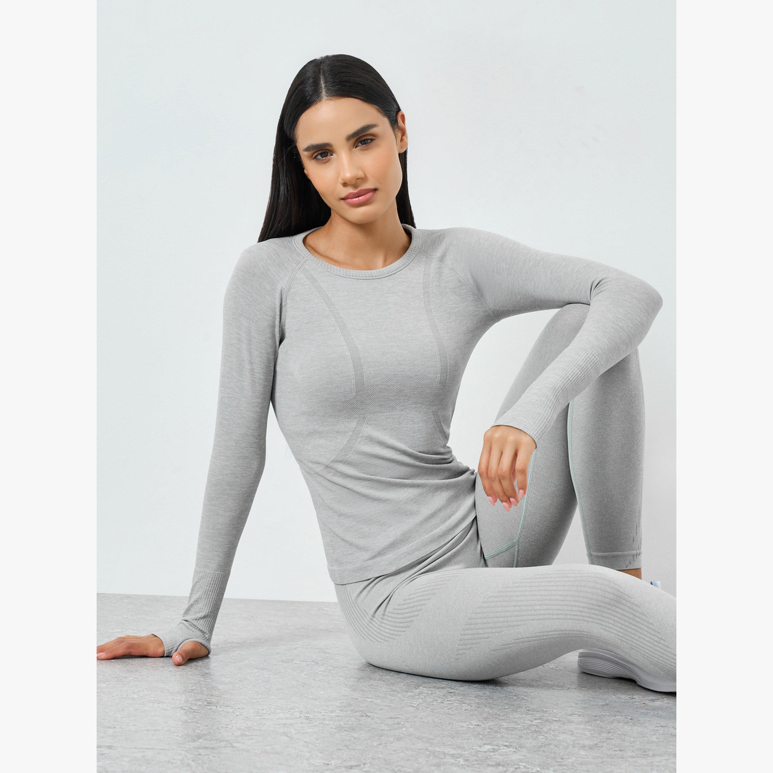 Styli Grey Seamless Contour Detail Short Sleeves Top-sports-women-clothing-tshirtsandvests-image-3