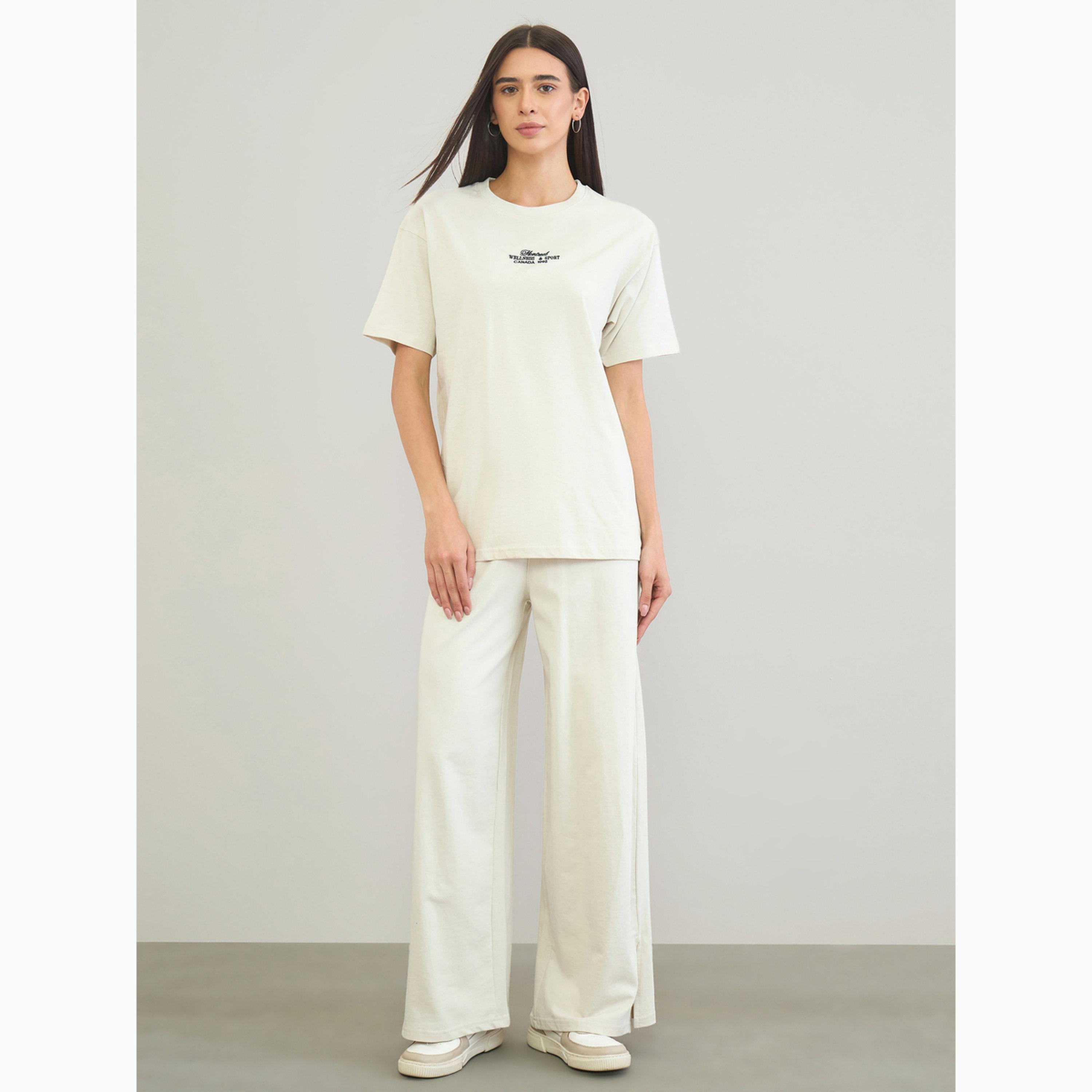 Styli Off White Embroidered Detail T-Shirt and Pants Co-Ords-women-clothing-coordsets-image-1