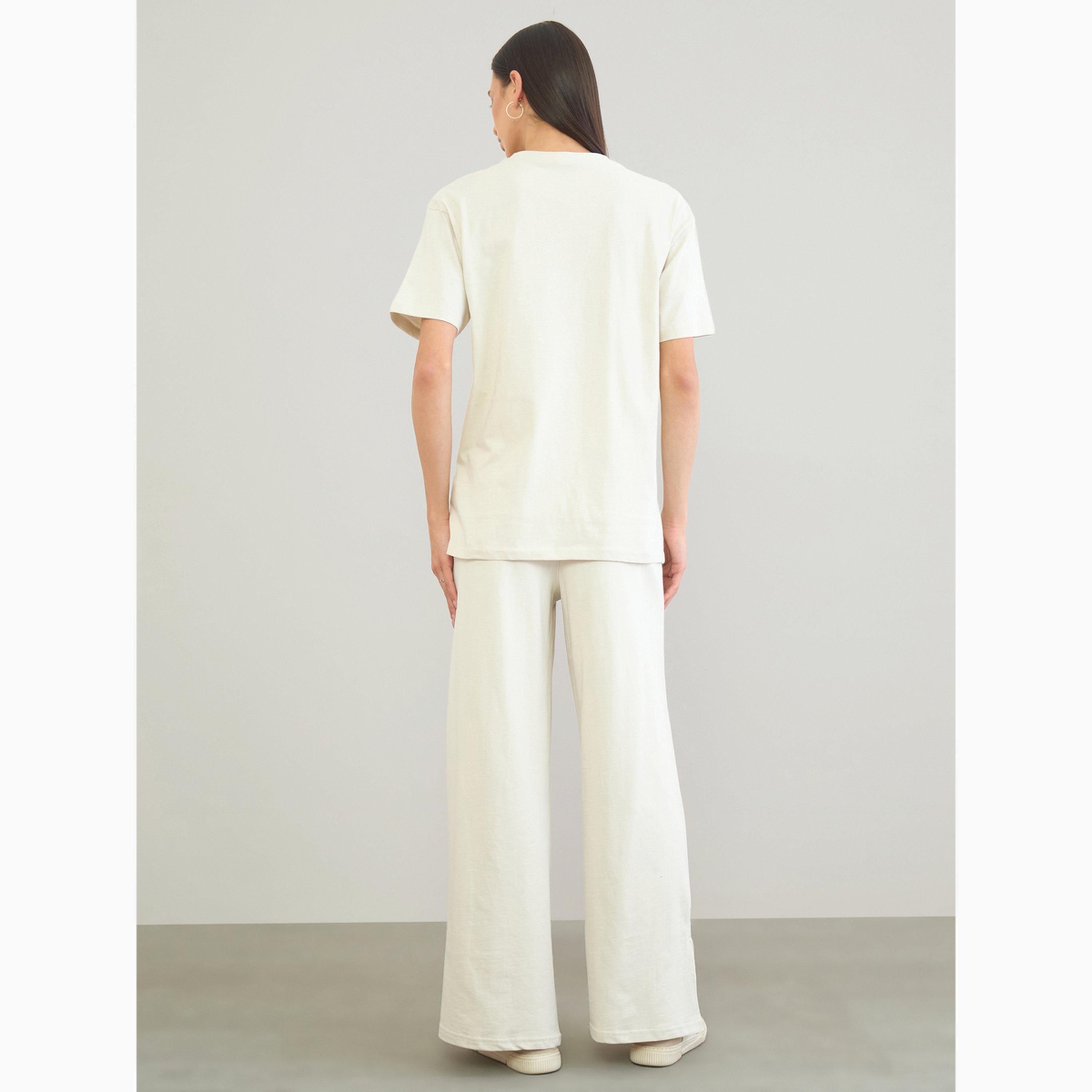 Styli Off White Embroidered Detail T-Shirt and Pants Co-Ords-women-clothing-coordsets-image-4