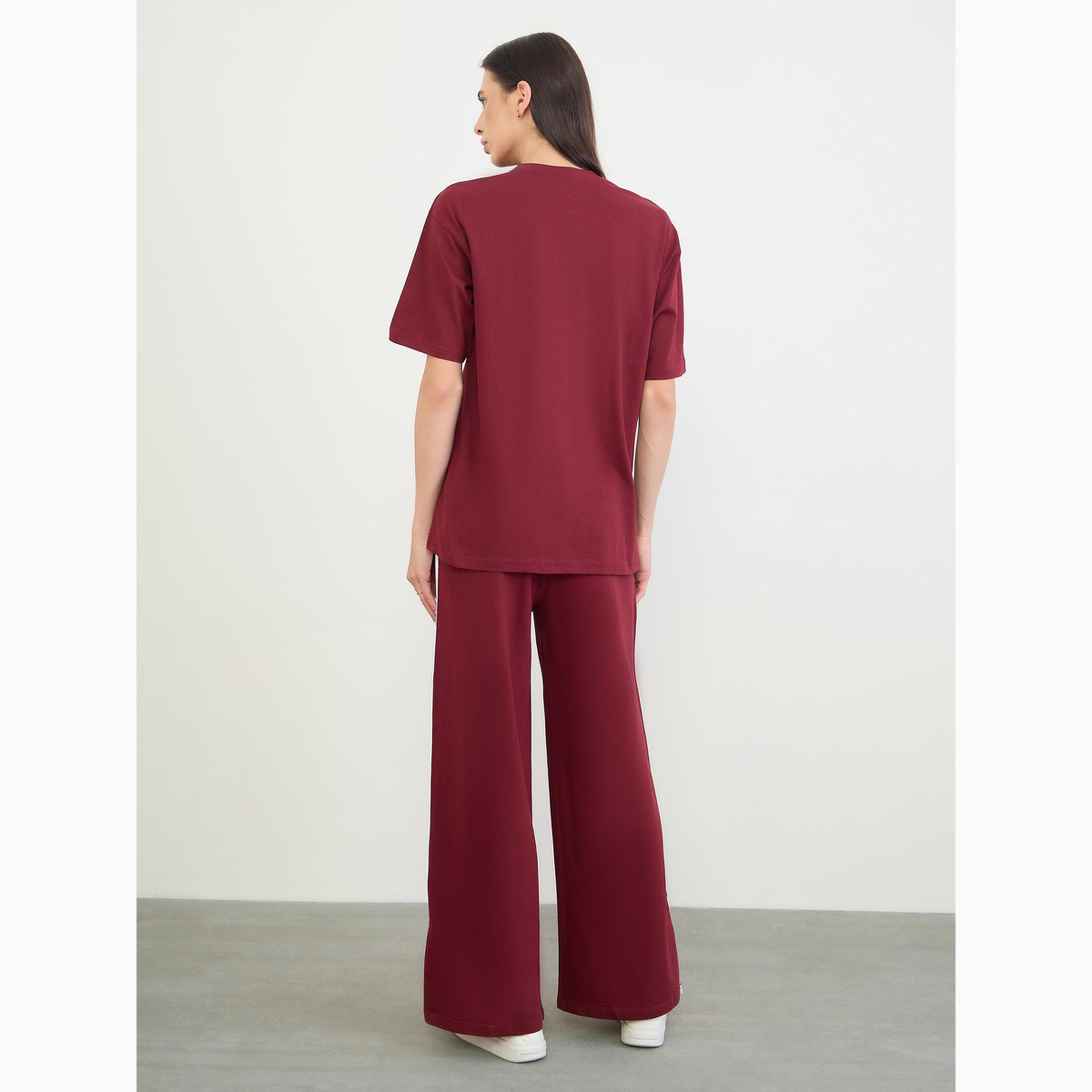Styli Burgundy Oversized Longline T-Shirt and Joggers Co-Ords-women-clothing-coordsets-image-3