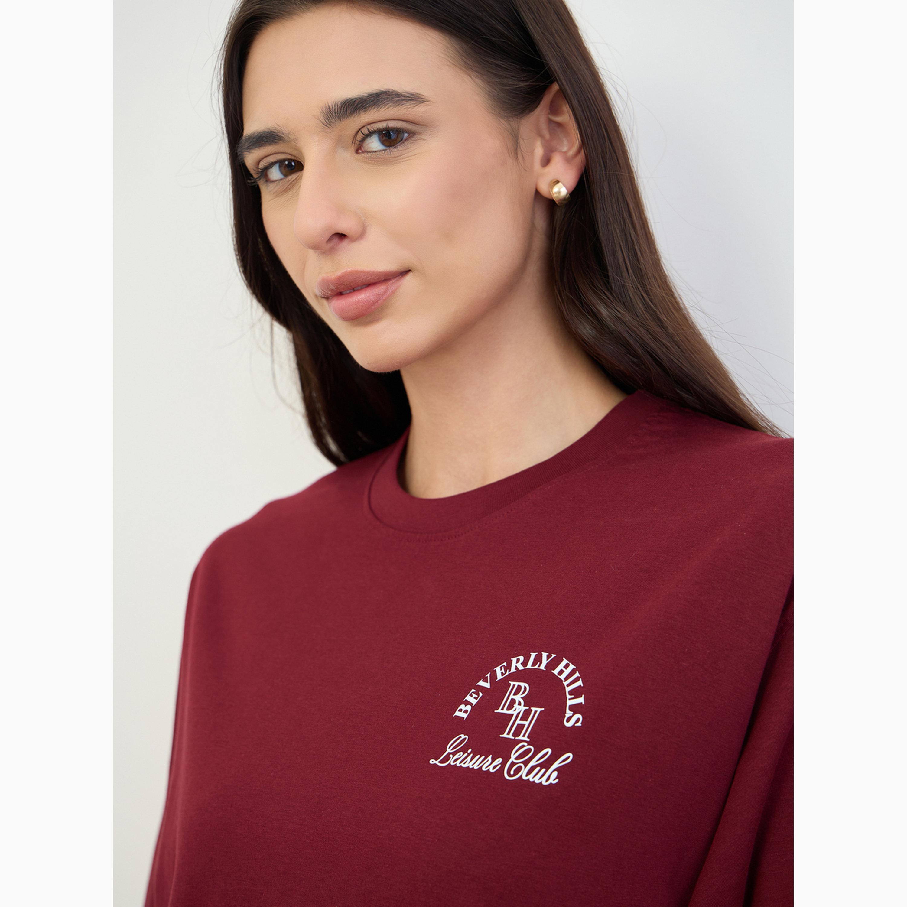 طقم منسق عنابي تي شيرت طويل بقصة فضفاضة وبنطال جوغرز-women-clothing-coordsets-image-5