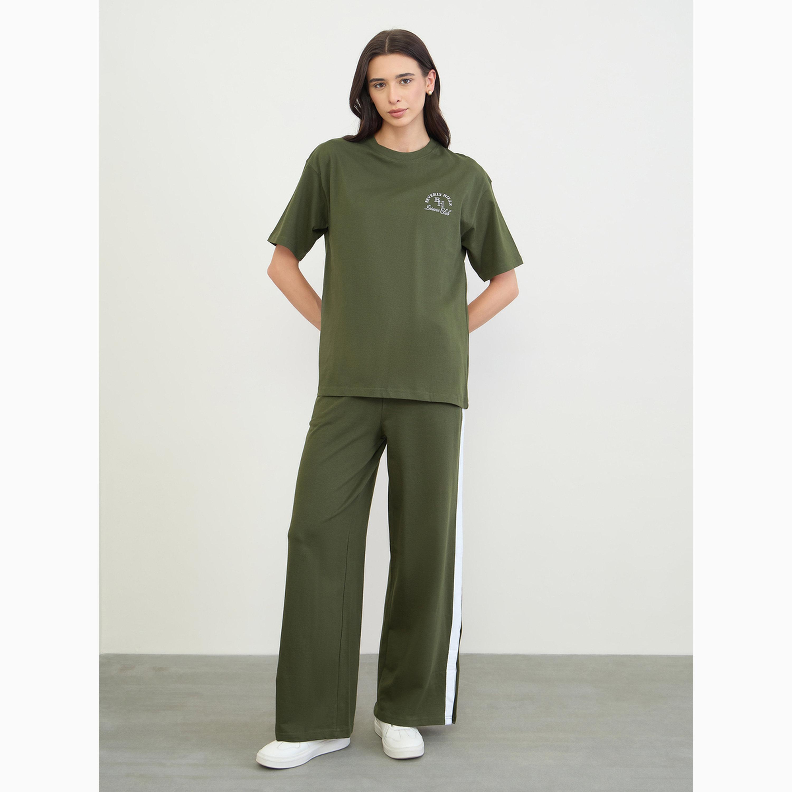Styli Olive Oversized Longline T-Shirt and Joggers Co-Ords-women-clothing-coordsets-image-1