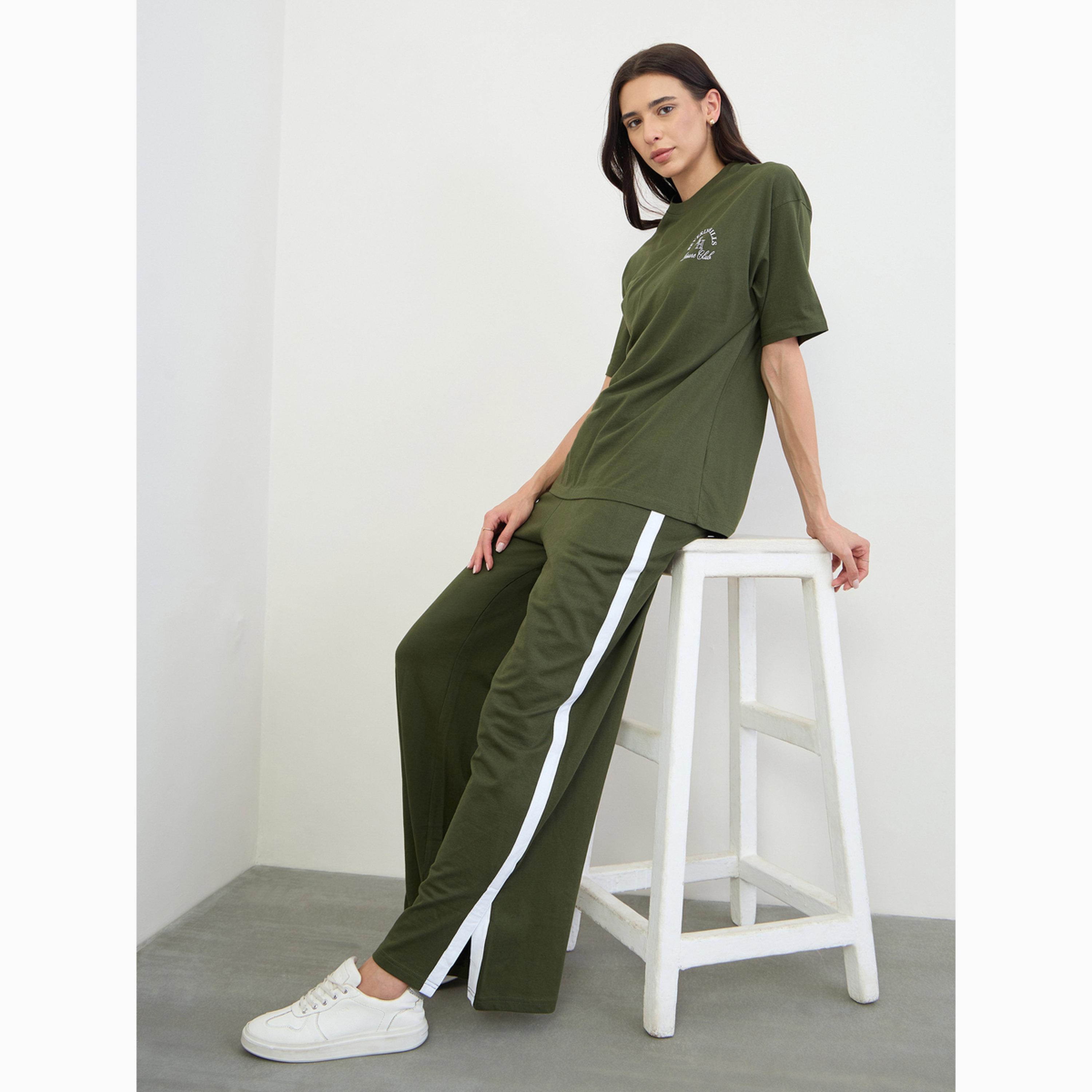 Styli Olive Oversized Longline T-Shirt and Joggers Co-Ords-women-clothing-coordsets-image-3