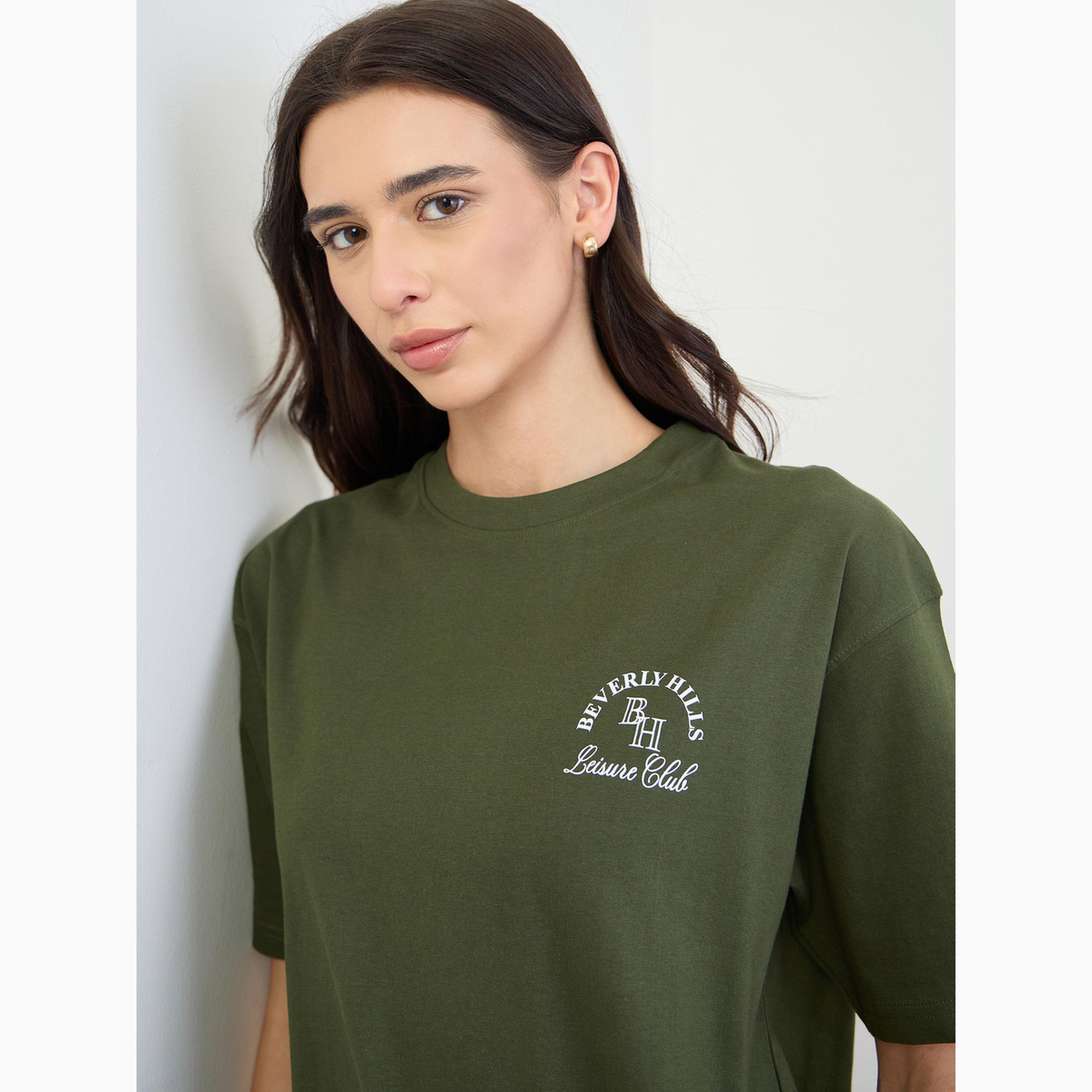طقم منسق زيتوني تي شيرت طويل بقصة فضفاضة وبنطال جوغرز-women-clothing-coordsets-image-5