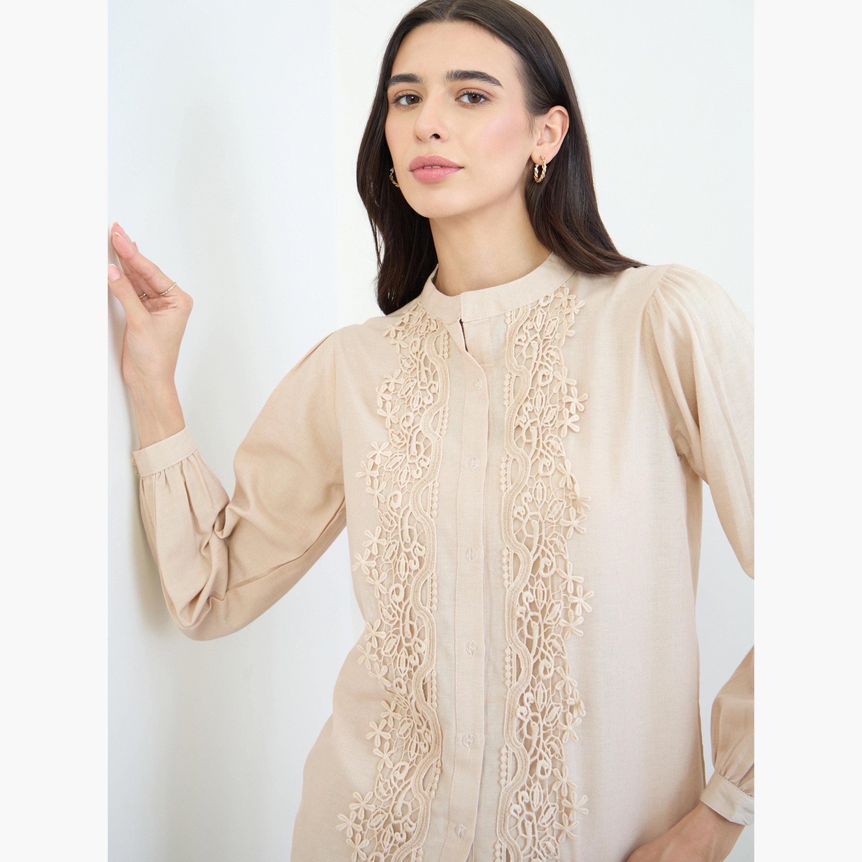 طقم منسق من بنطال وبلوزة قطن مع تفاصيل دانتيل إدخال-women-clothing-coordsets-image-5