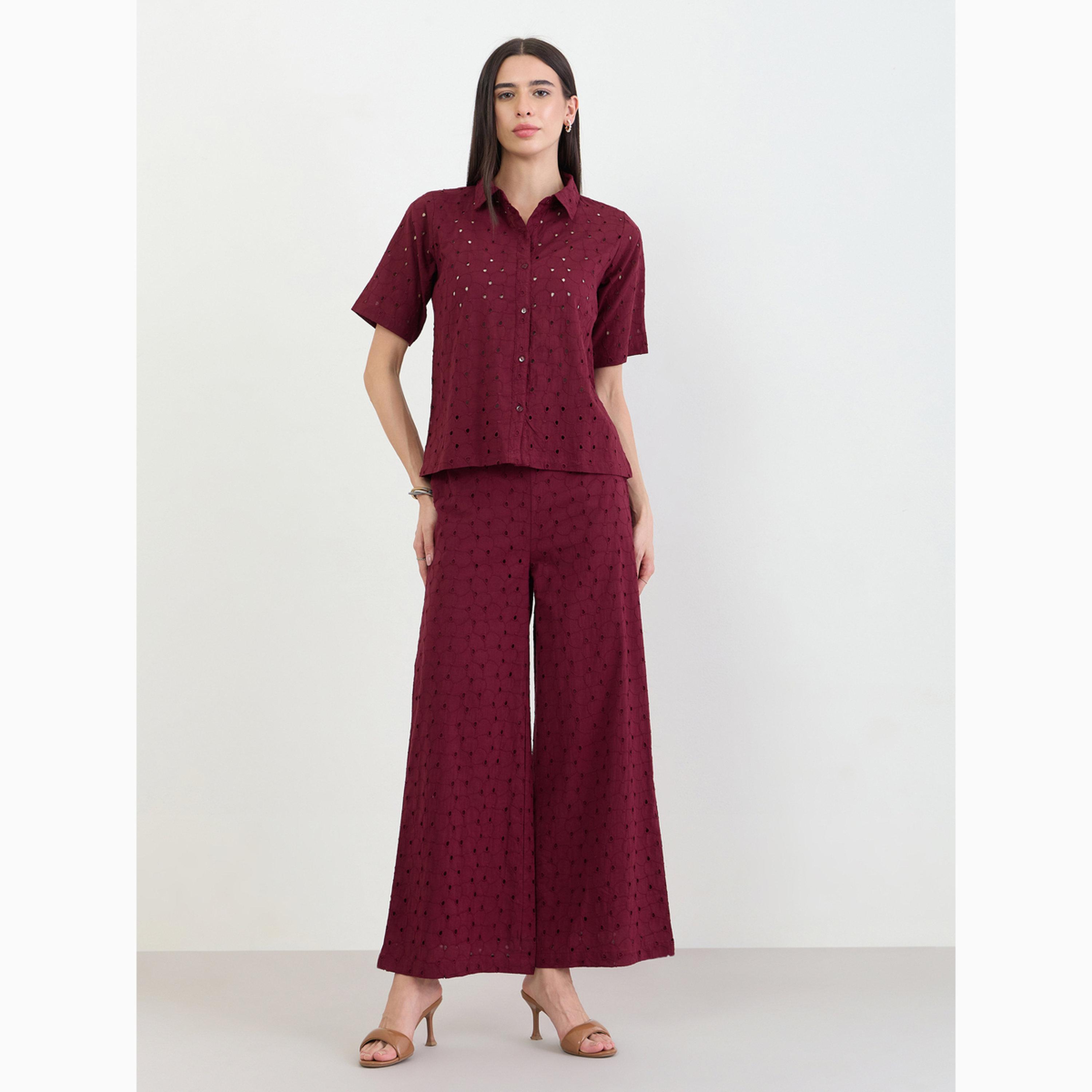 طقم قطني عنابي قميص وبنطال شيفلي-women-clothing-coordsets-image-1