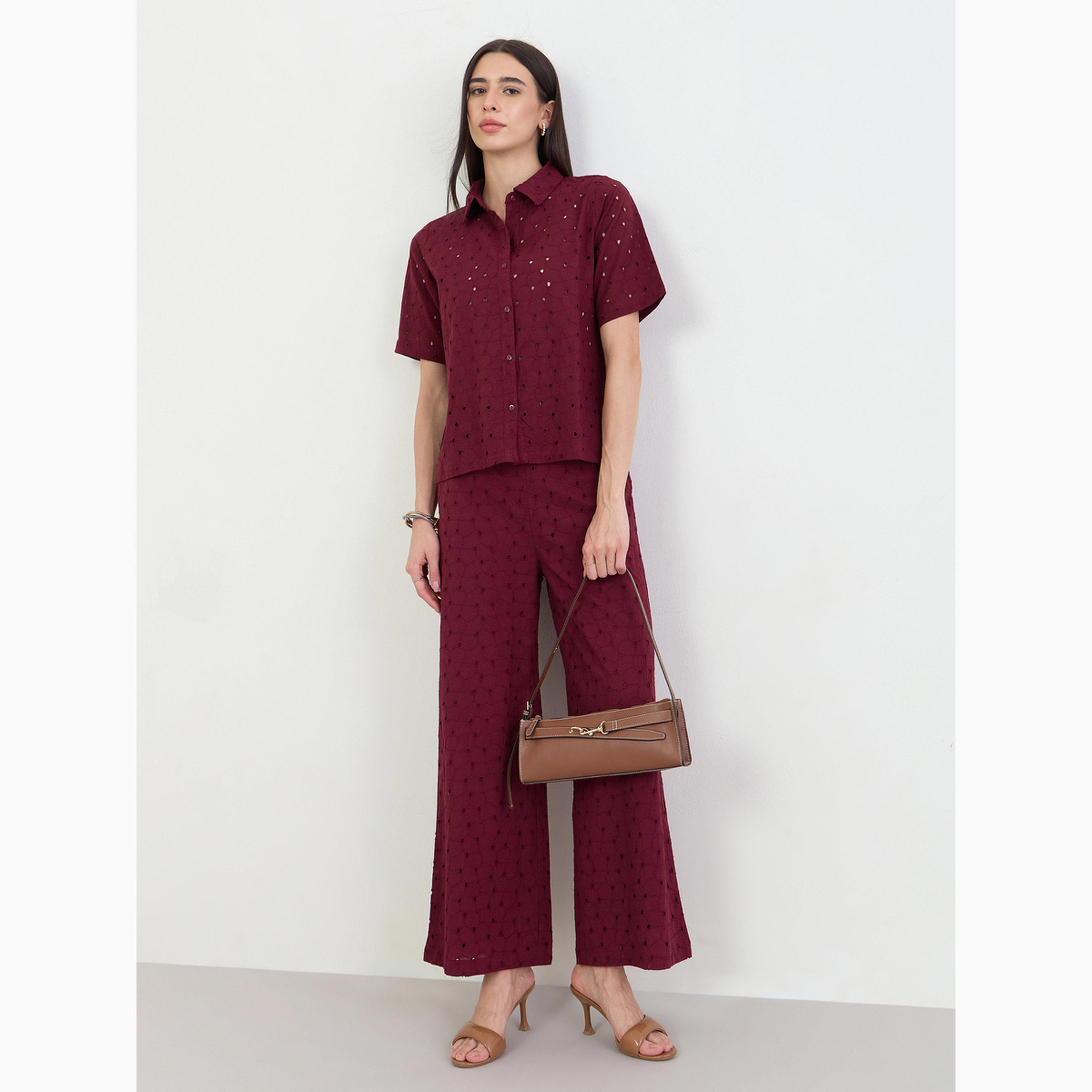 طقم قطني عنابي قميص وبنطال شيفلي-women-clothing-coordsets-image-2