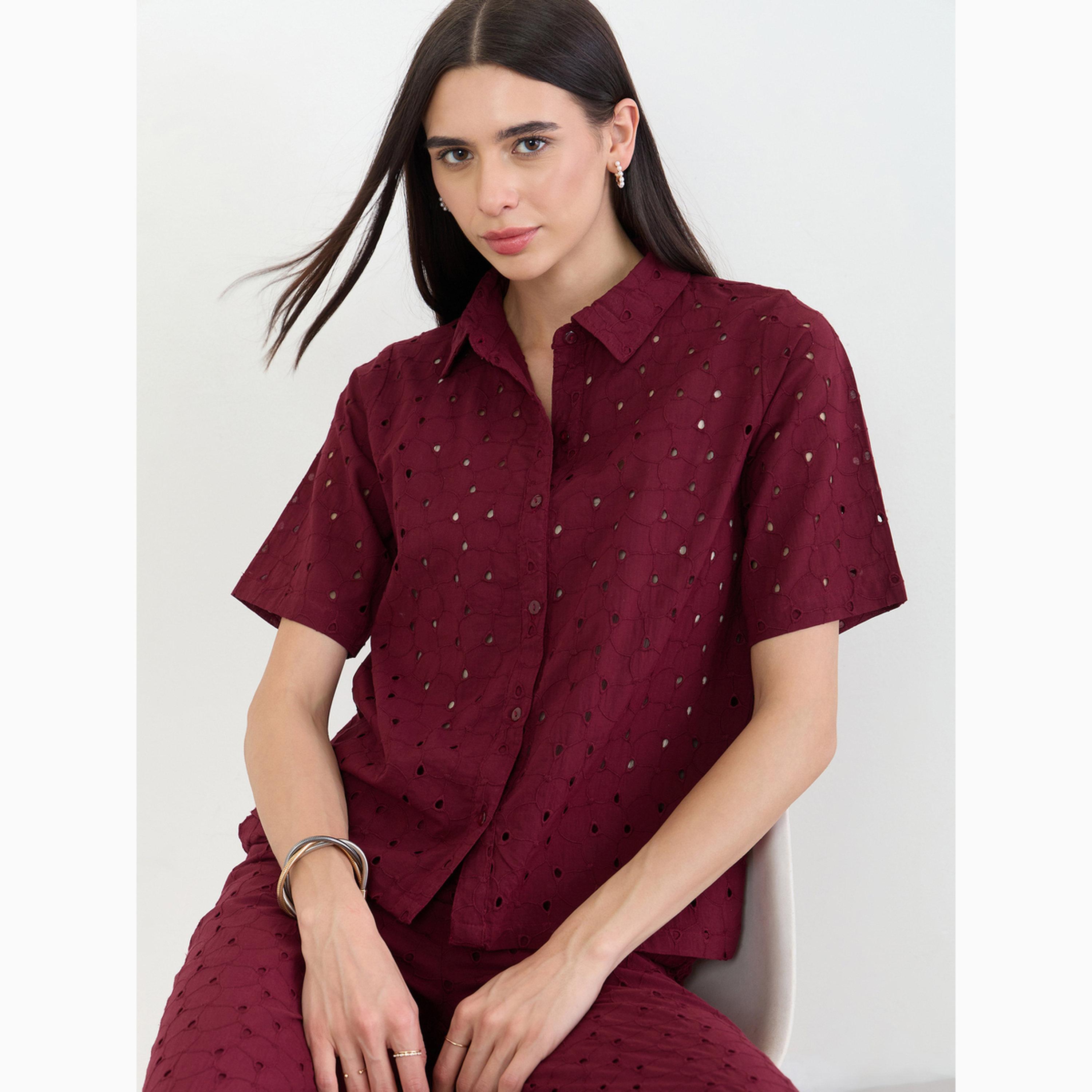 طقم قطني عنابي قميص وبنطال شيفلي-women-clothing-coordsets-image-5
