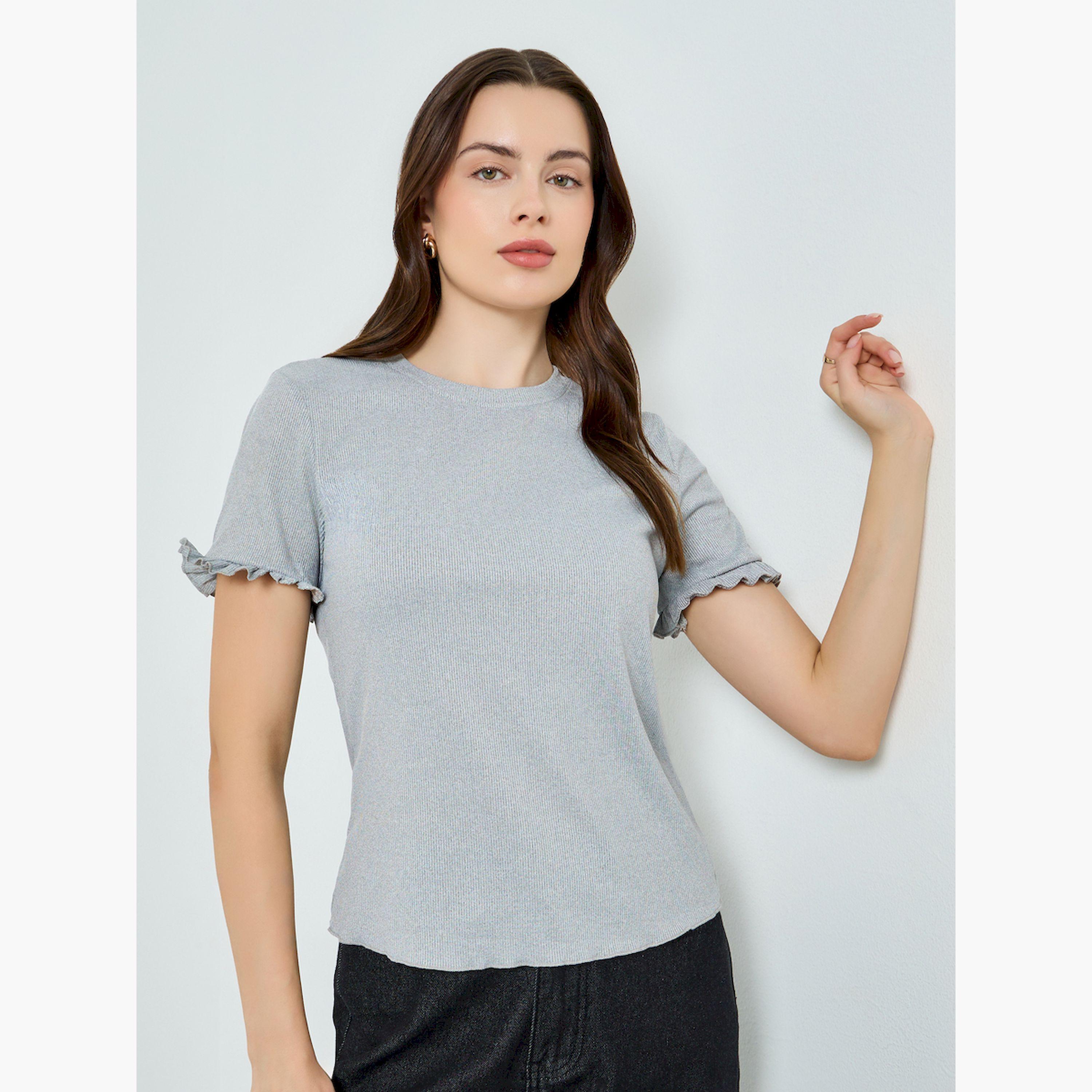 Styli Grey Ribbed T-Shirt with Ruffle Sleeves-women-clothing-tshirts-image-1