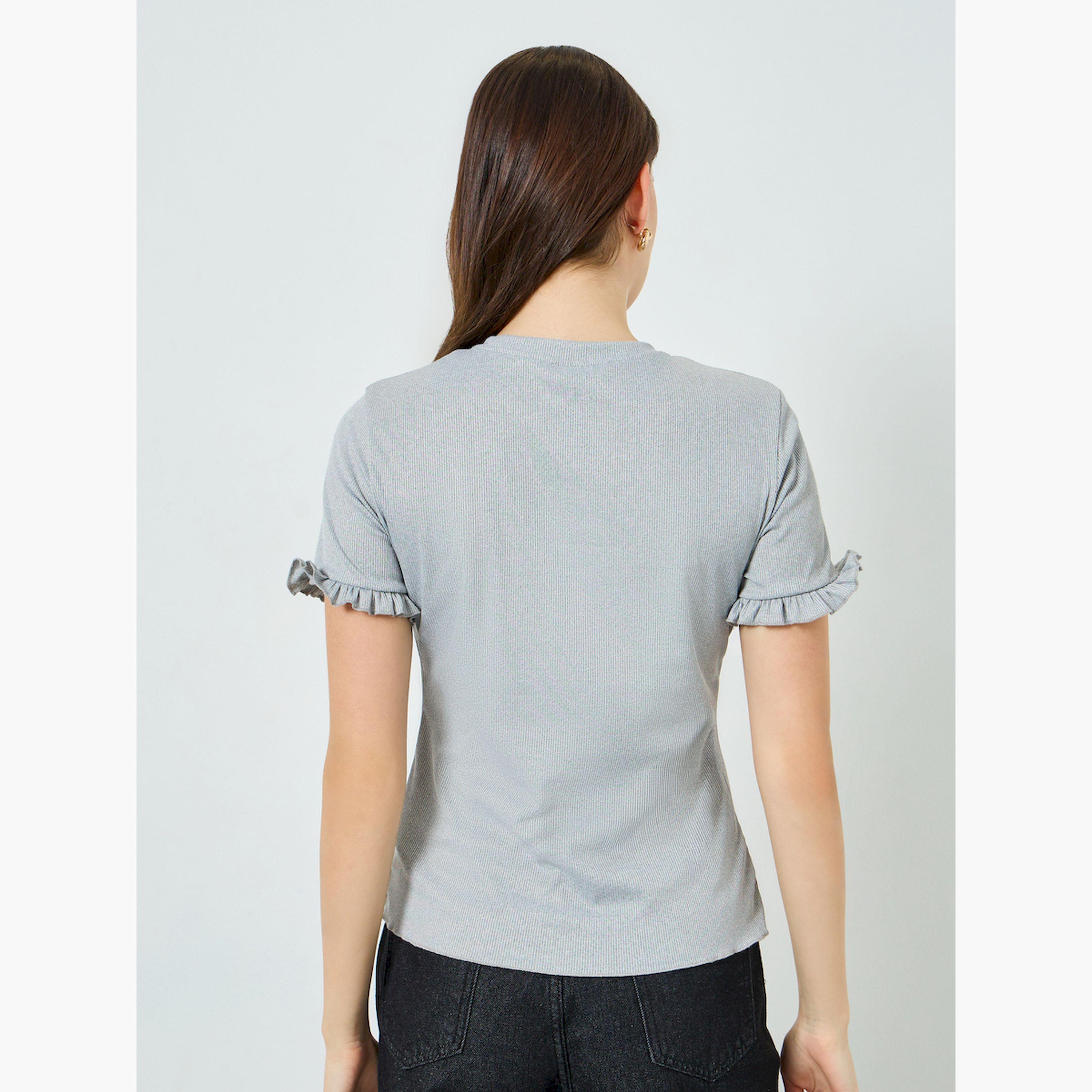 Styli Grey Ribbed T-Shirt with Ruffle Sleeves-women-clothing-tshirts-image-3