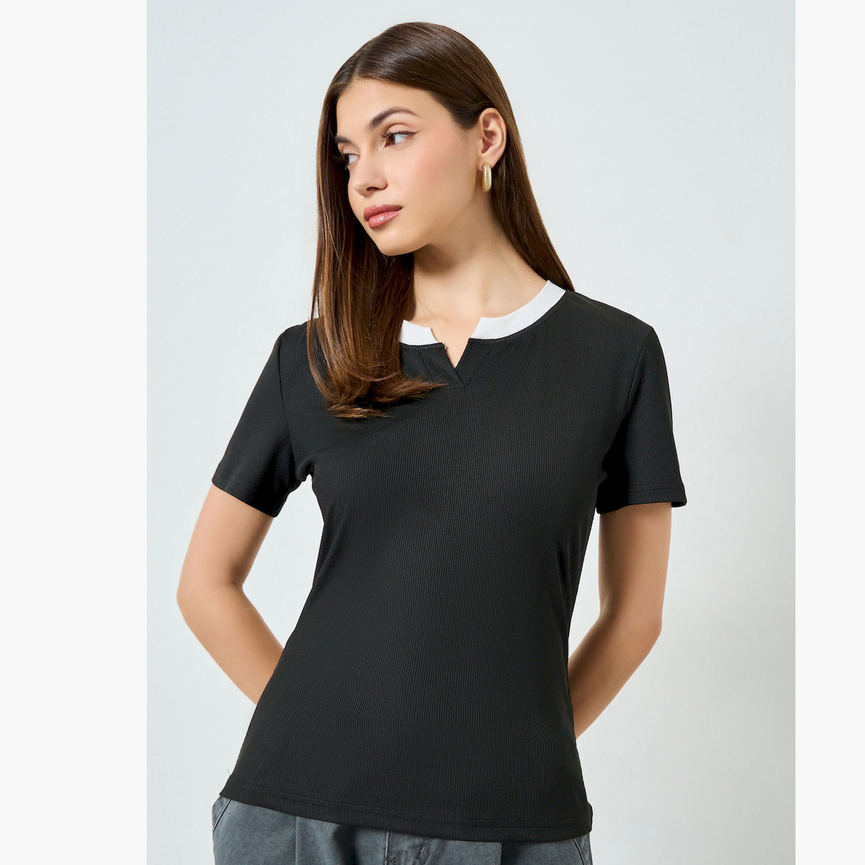 Styli Black Contrast Notch Neck Ribbed T-Shirt-women-clothing-tshirts-image-1