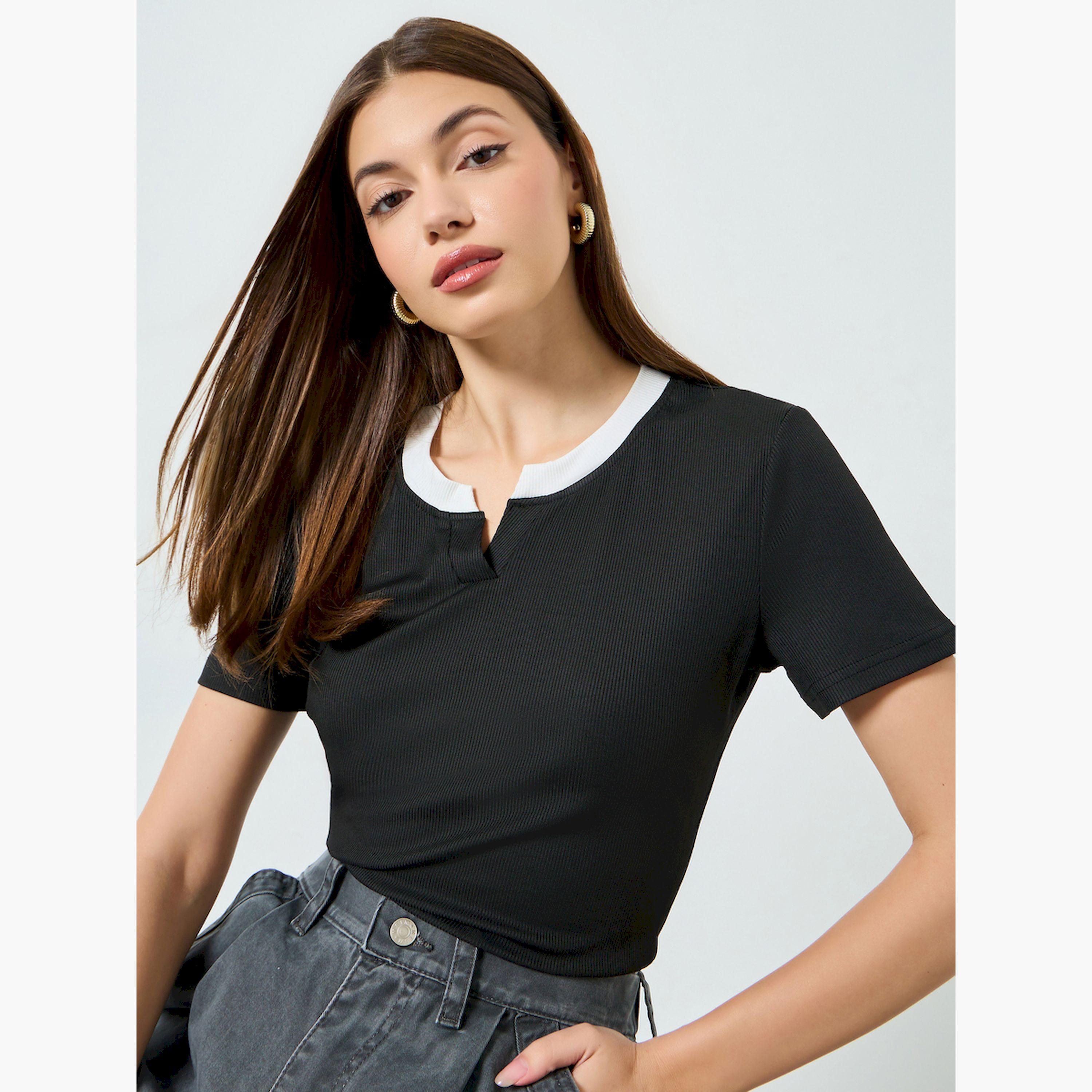 Styli Black Contrast Notch Neck Ribbed T-Shirt-women-clothing-tshirts-image-3