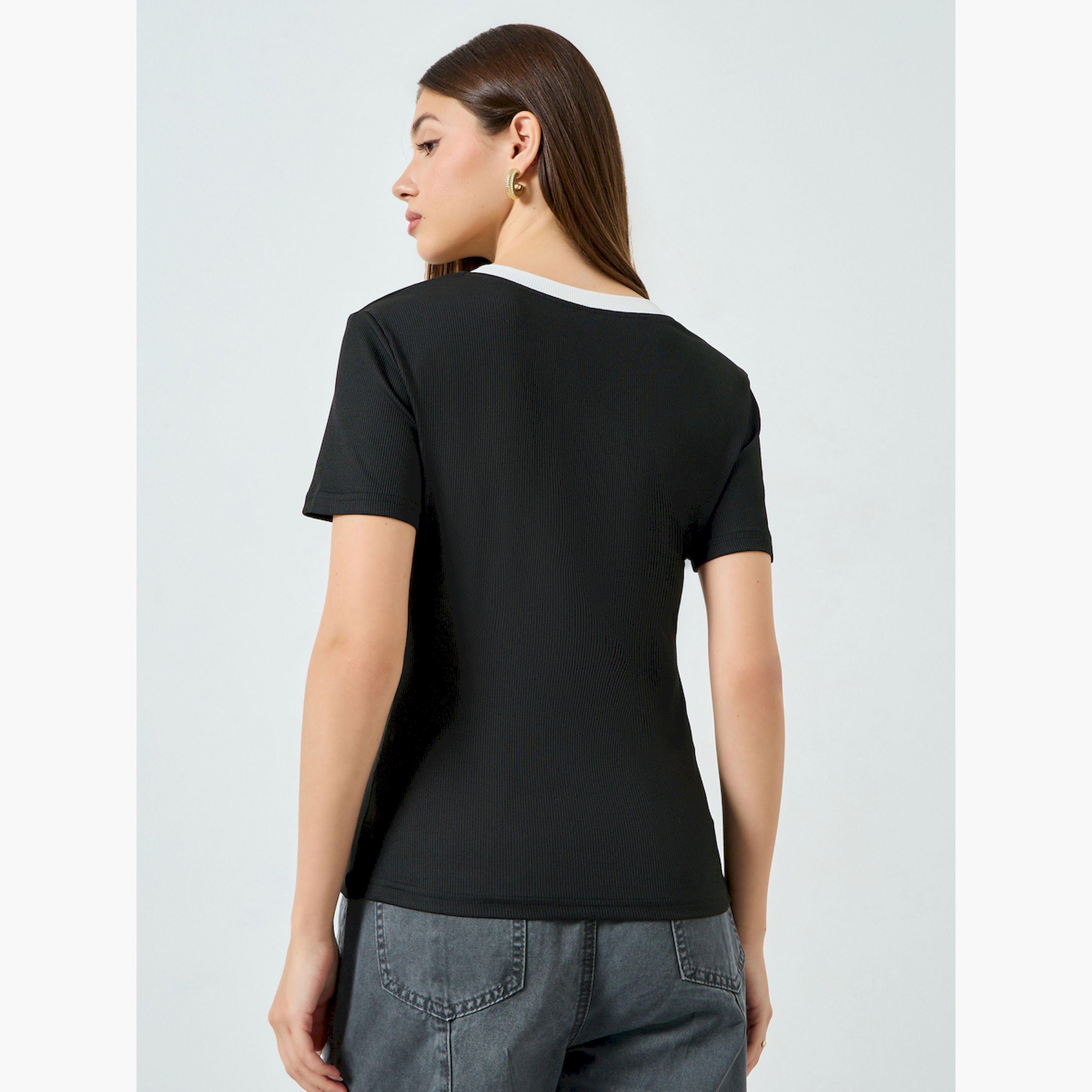 Styli Black Contrast Notch Neck Ribbed T-Shirt-women-clothing-tshirts-image-4