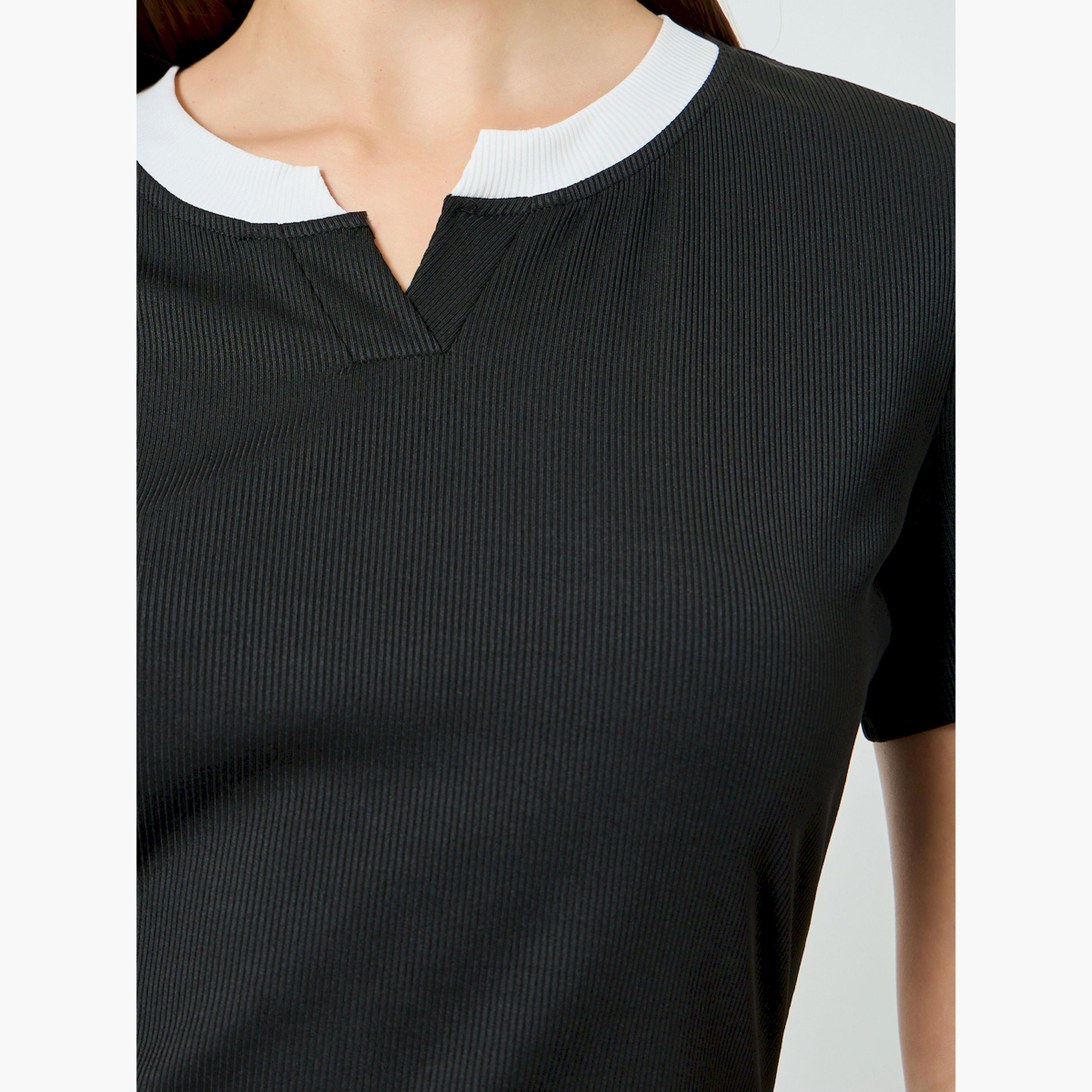 Styli Black Contrast Notch Neck Ribbed T-Shirt-women-clothing-tshirts-image-5